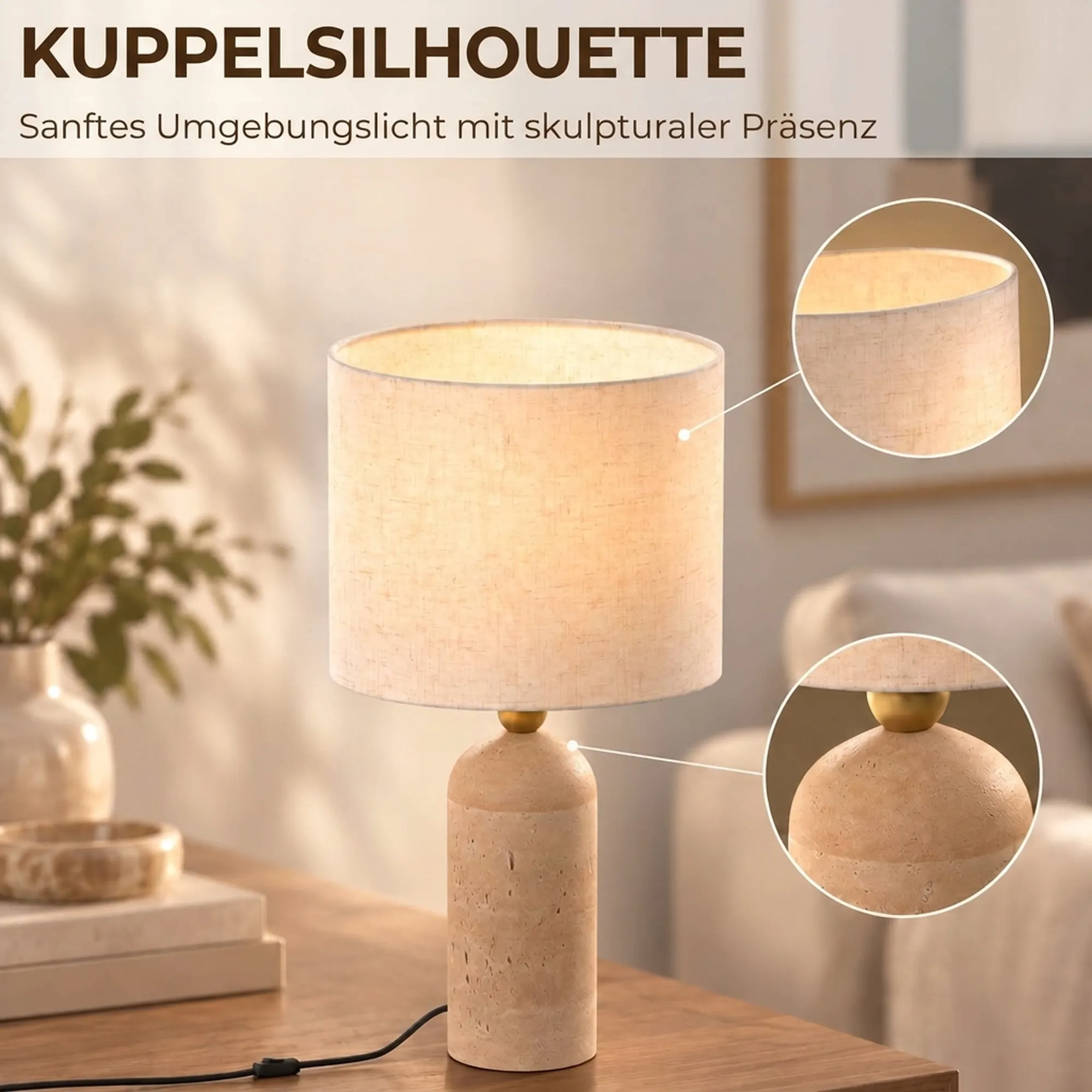 Tischlampe Vintage Travertin Stoffschirm E27 Beige 48 cm