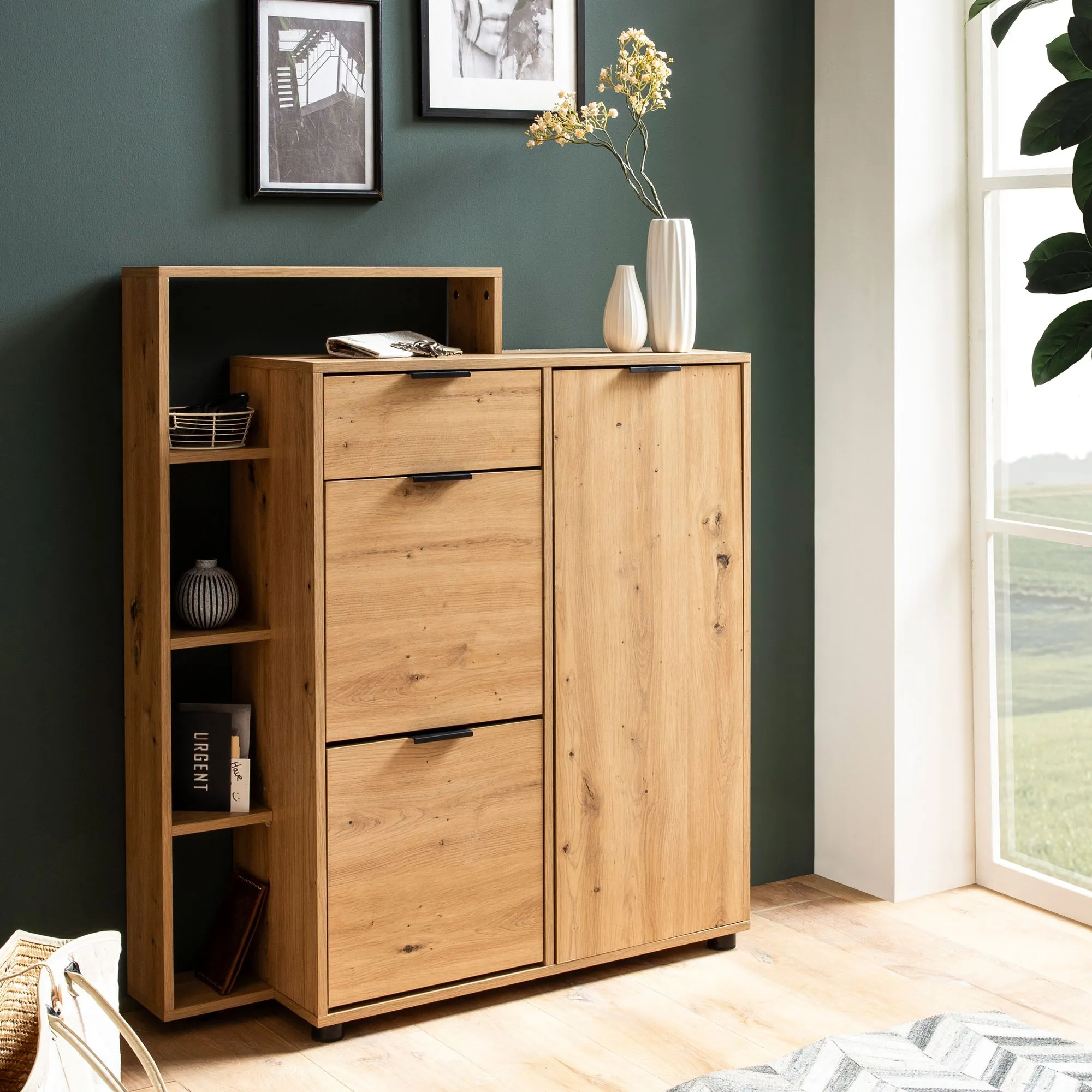 Schuhschrank Eiche-Dekor 98x110x30 cm Schuhkipper Geschlossen
