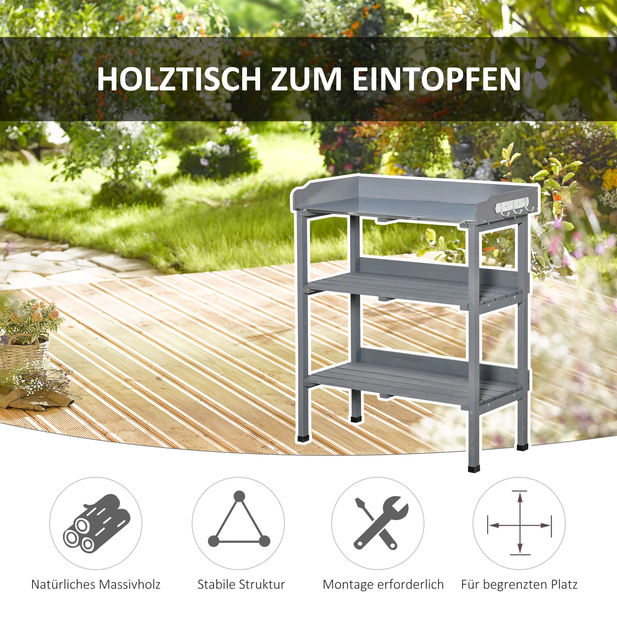 Pflanztisch 76L x 37B x 89H cm in Grau aus Massivholz