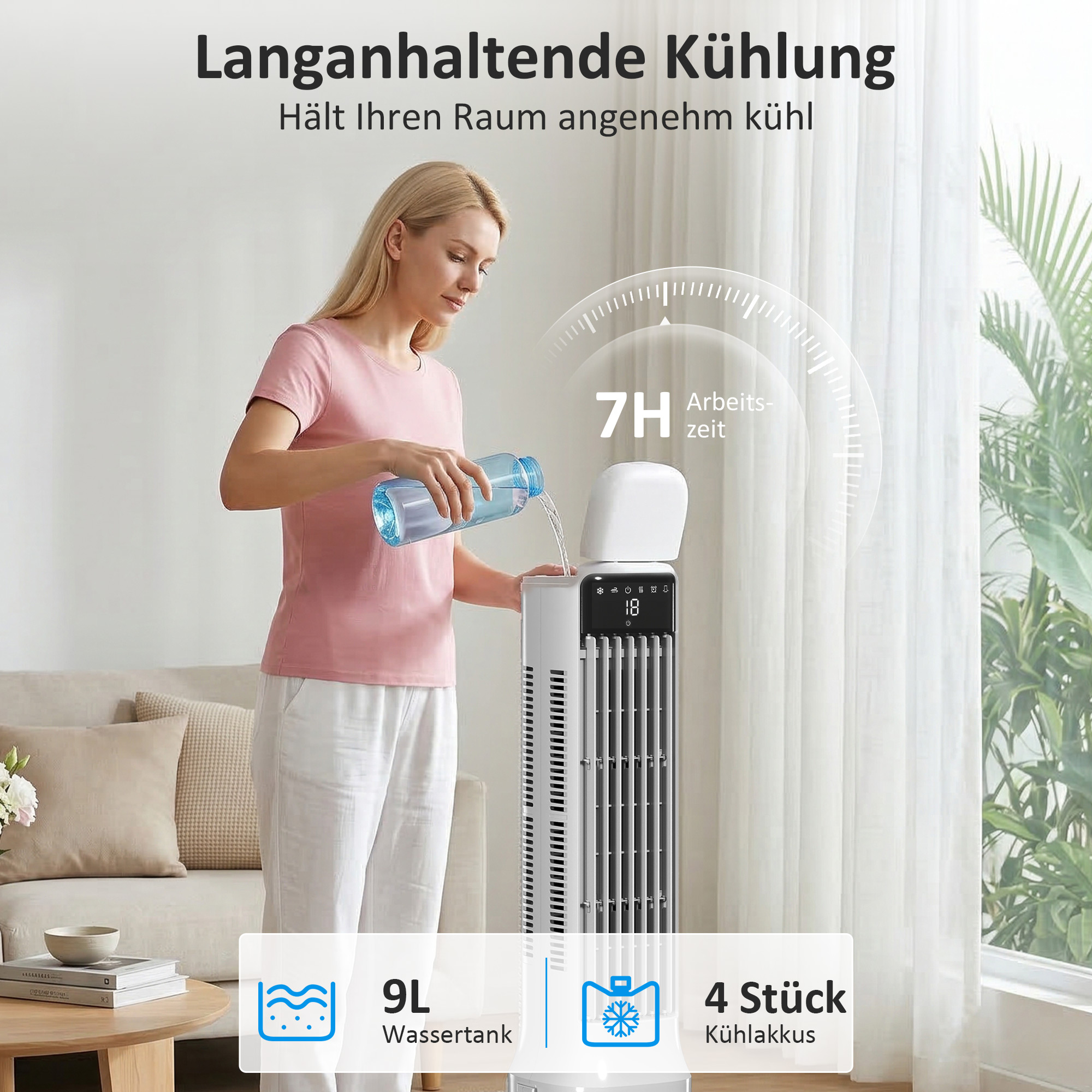 Tragbarer Luftkühler, 3-in-1 Verdunstungs-Luftkühler mit 9-Liter-Wassertank, 48° Oszillation, 3 Geschwindigkeiten, 3 Modi, Weiß