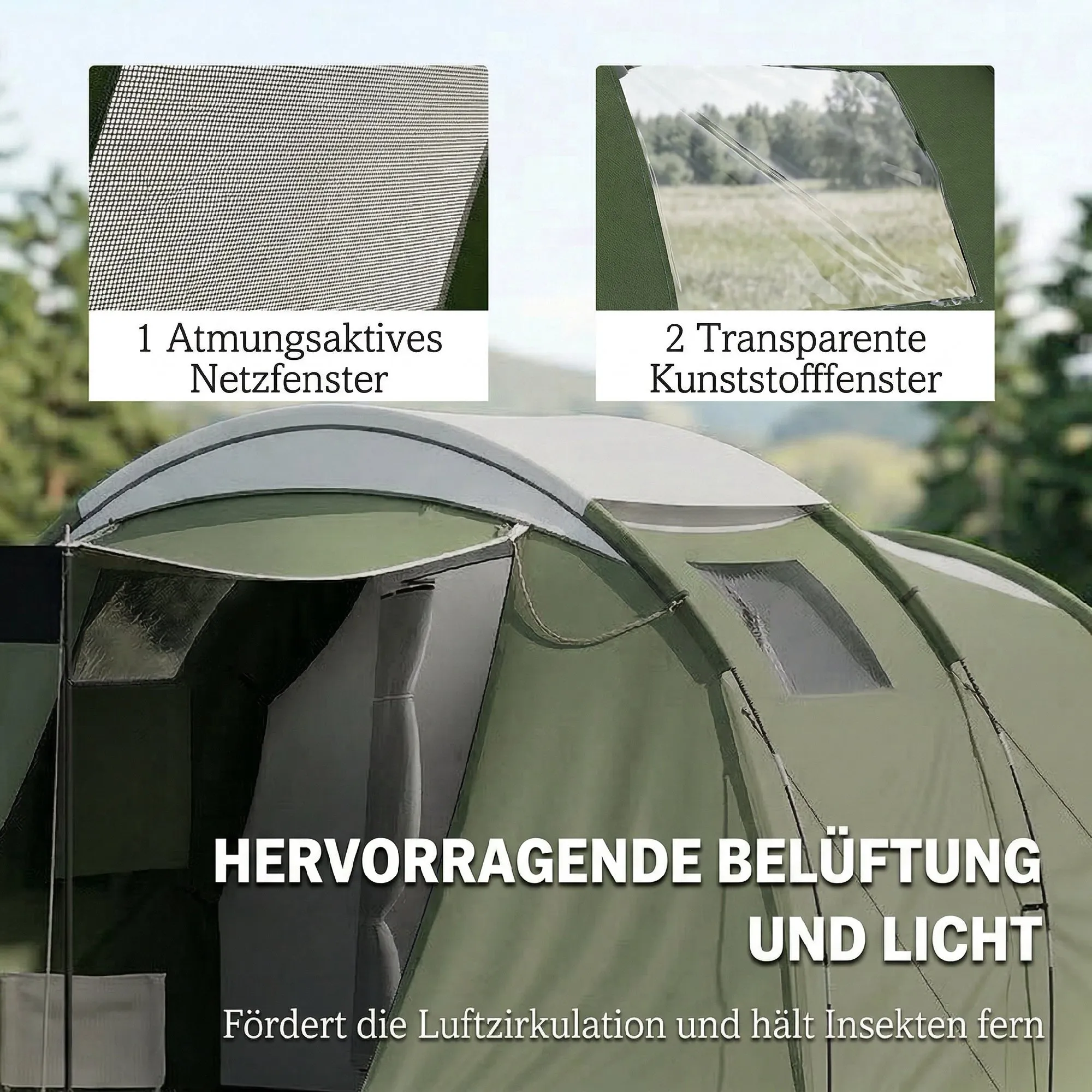 Zelt 4 Personen 460x260x190 cm Armeegrün-Schwarz-Grau