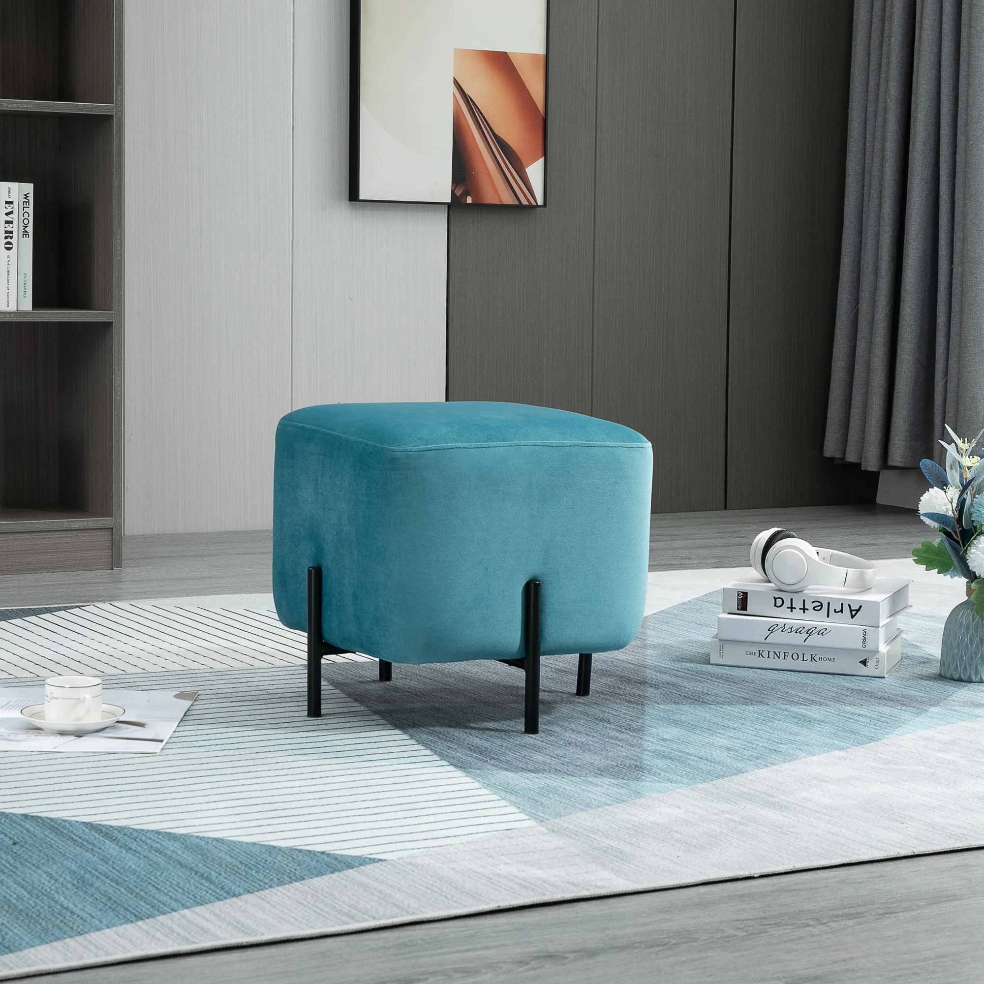 Fußhocker Fußstütze gepolstert Polyester Stahl Schaumstoff Türkis 44,5 x 44,5 x 41,5 cm