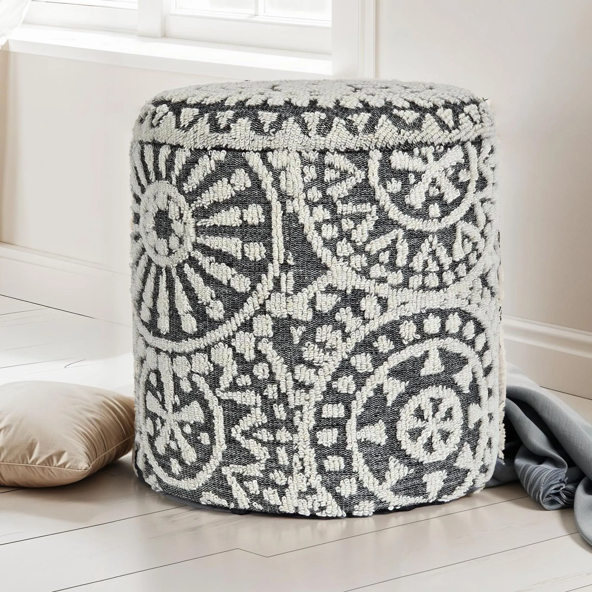 Sitzhocker rund Ø 40 × 45 cm Grau-Creme aus Wolle mit Stauraum