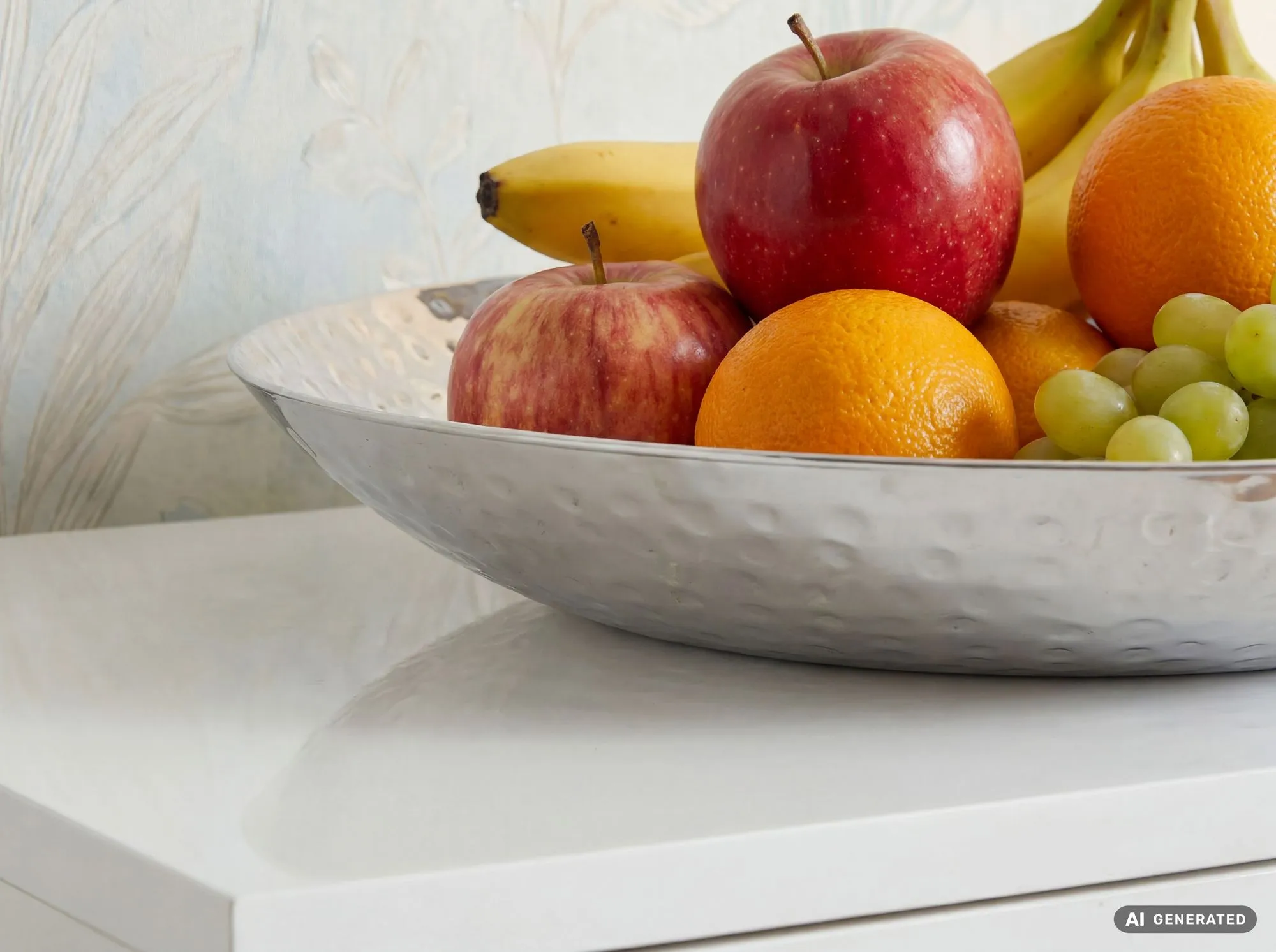 Obstschale rund aus Aluminium 50 cm Hammerschlag Silber Handmade