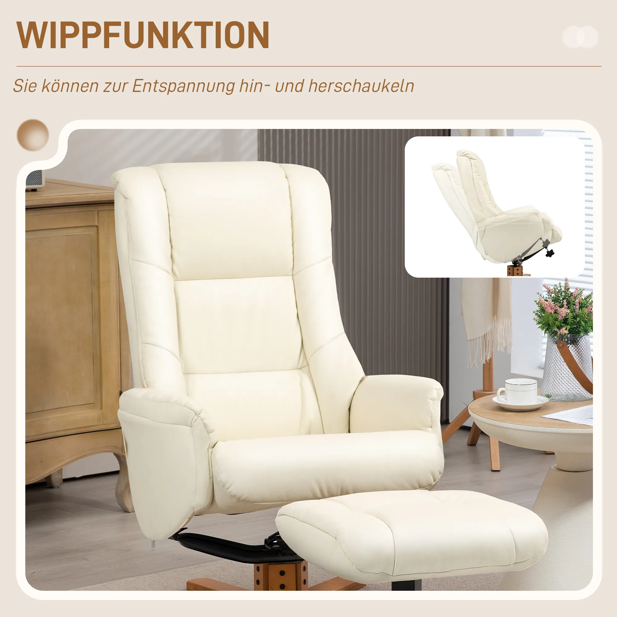 Relaxsessel mit Hocker 71B x 84T x 102H cm in Cremeweiß