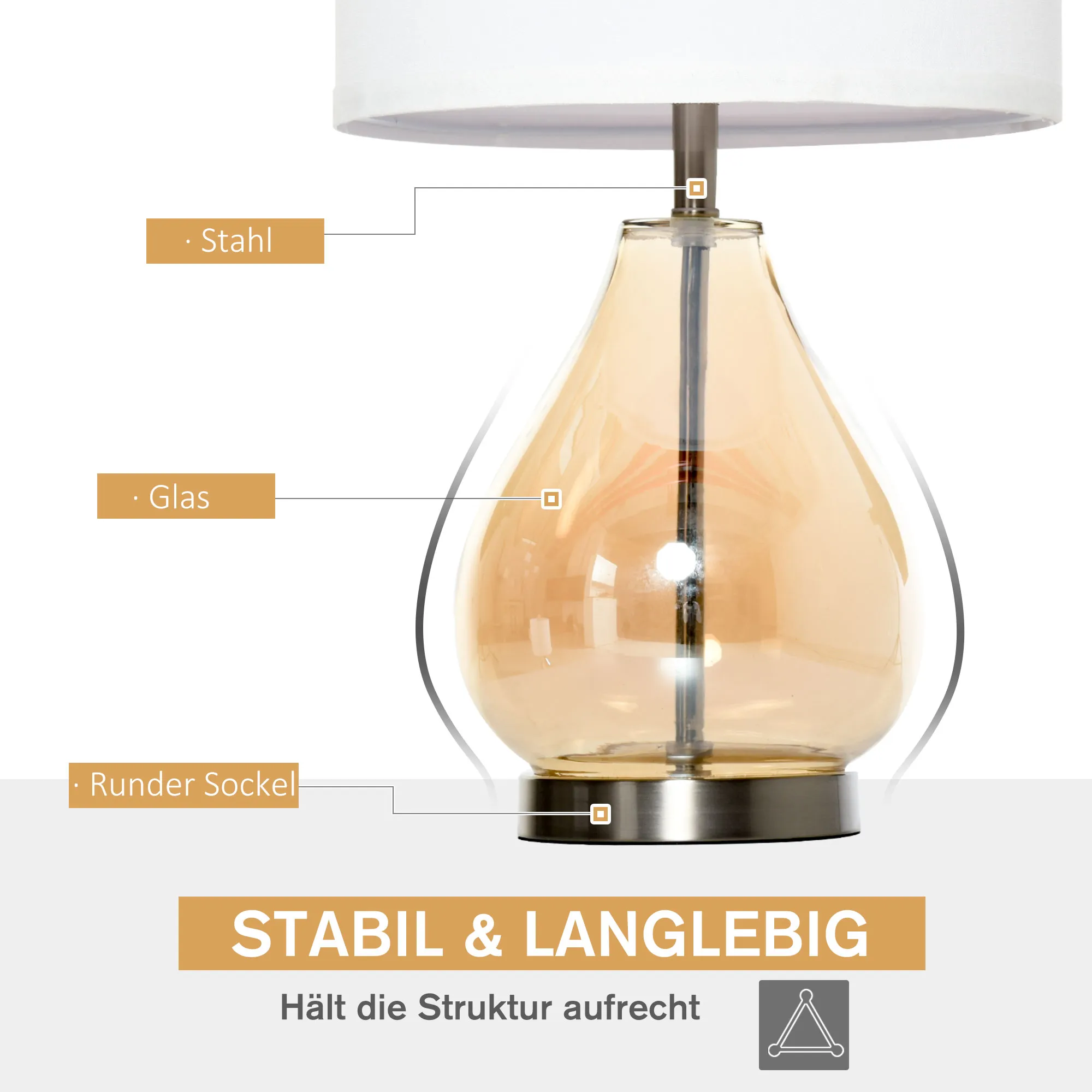 Tischlampe 2er-Set mit Leinen-Lampenschirm, Glas, Weiß, 56 cm