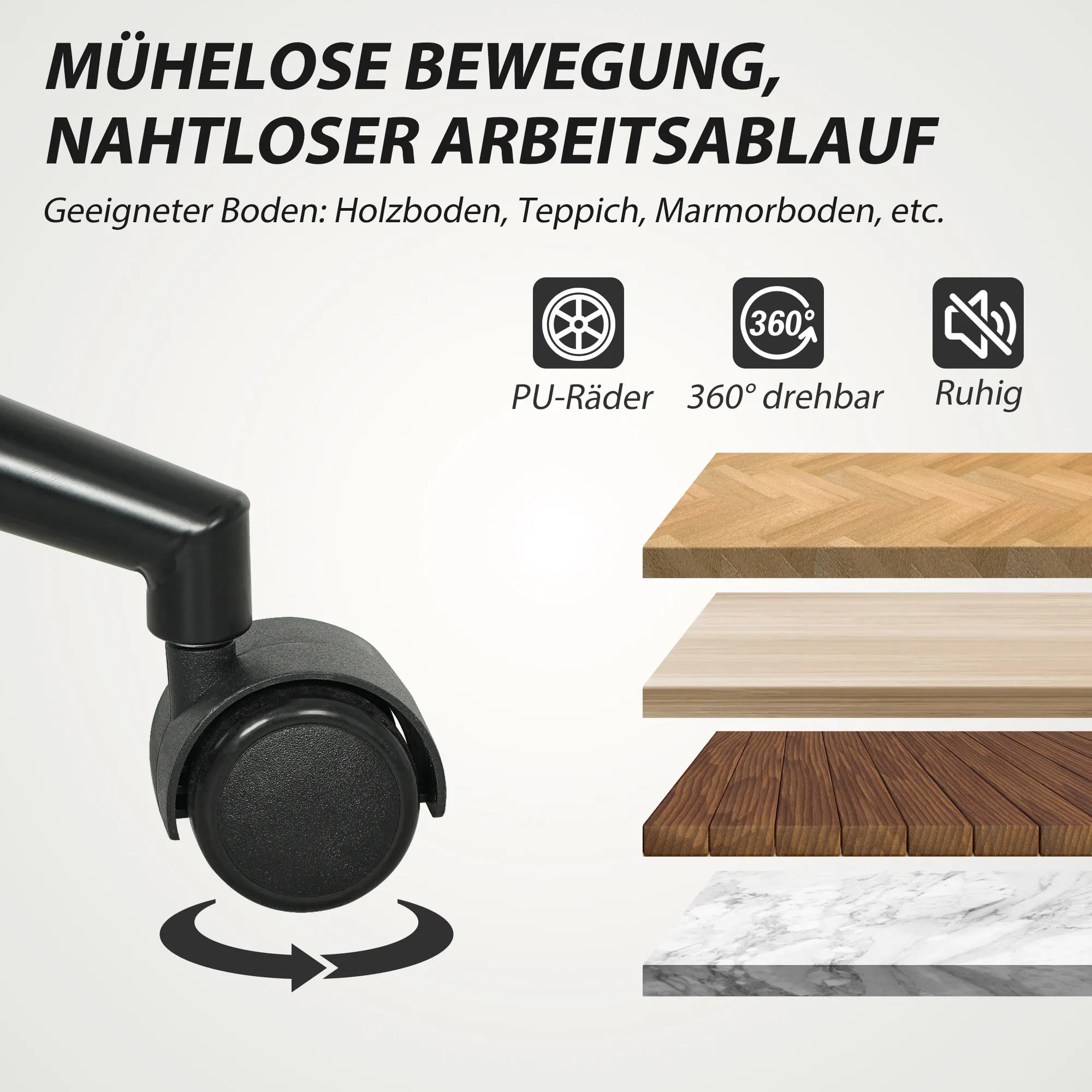 Fahrbarer Bürostuhl mit Stoffbezug, Armlehne, 5 Räder, drehbar, Cremeweiß
