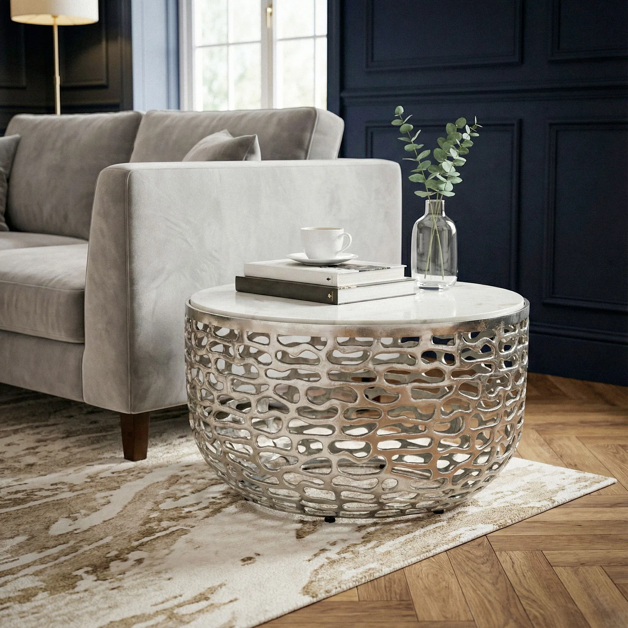 Design Metall Couchtisch Silber mit weißer Marmor Tischplatte 60 cm rund - Aluminium Wohnzimmertisch Modern - Loungetisch Alu Beistelltisch Wohnzimmer Handmade