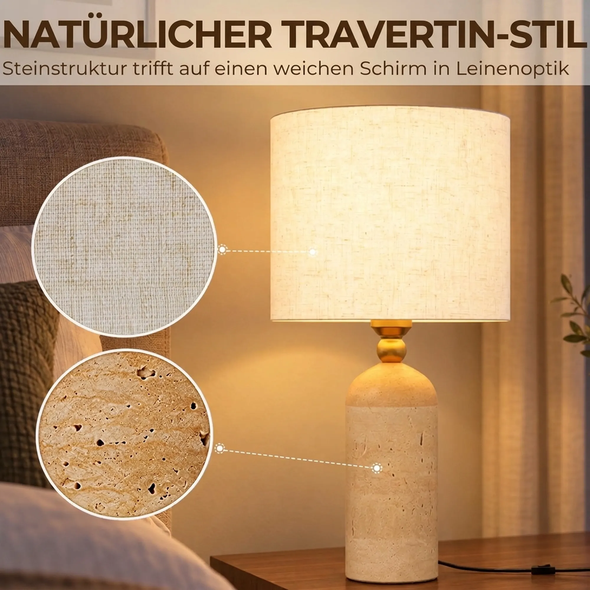 Tischlampe Vintage Travertin Stoffschirm E27 Beige 48 cm