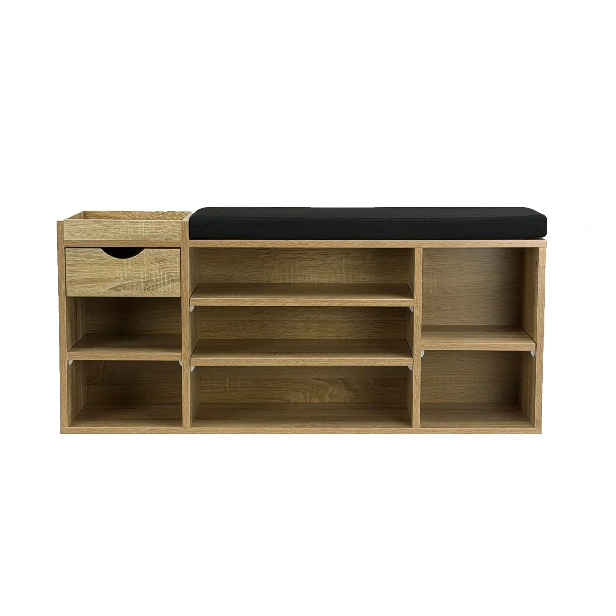 Schuhbank Flur Sonoma Eiche 100cm mit Sitzkissen – Sitzbank mit Schublade und verstellbaren Regalböden – Flurmöbel Schuhregal modern für den Eingangsbereich – Flurbank mit Stauraum