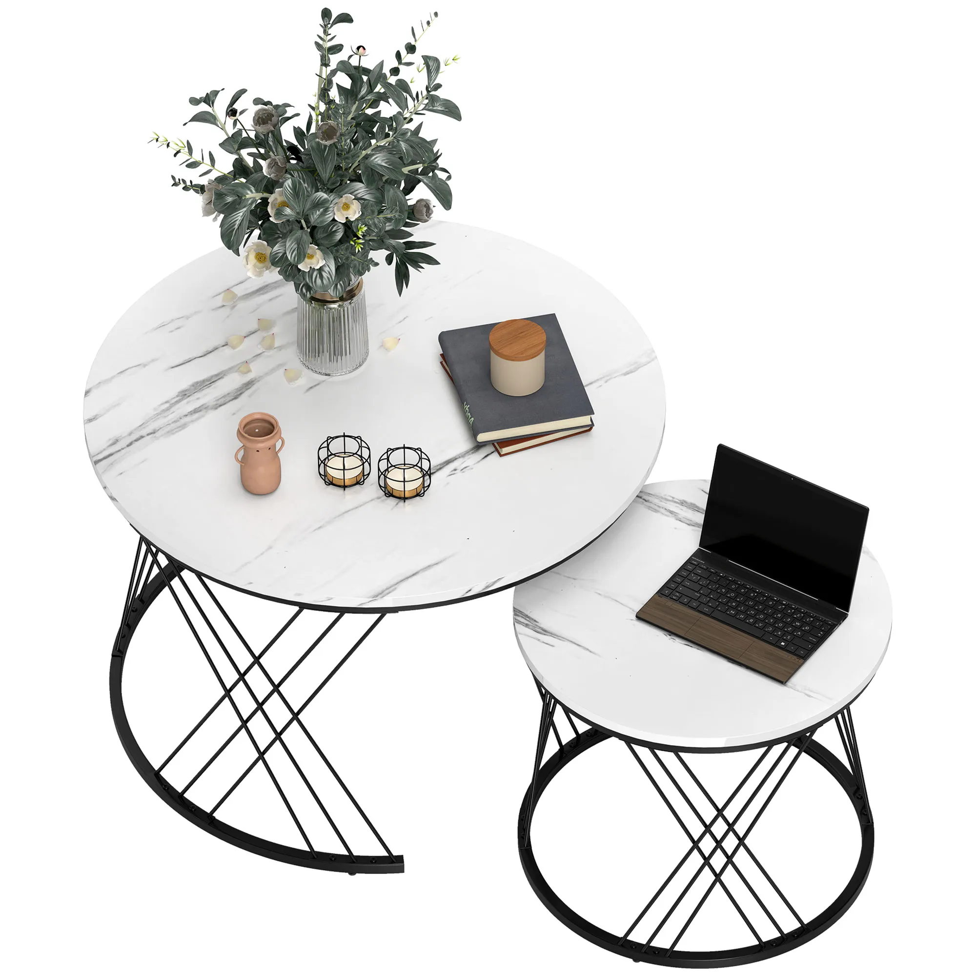 Couchtische im 2er-Set, Marmoroptik, Spanplatte, Metall, runde Kaffeetische für Wohnzimmer, ineinanderstellbar, Weiß Couchtische im 2er-Set, Marmoroptik, Spanplatte, Metall, runde Kaffeetische für Wohnzimmer, ineinanderstellbar, Weiß
