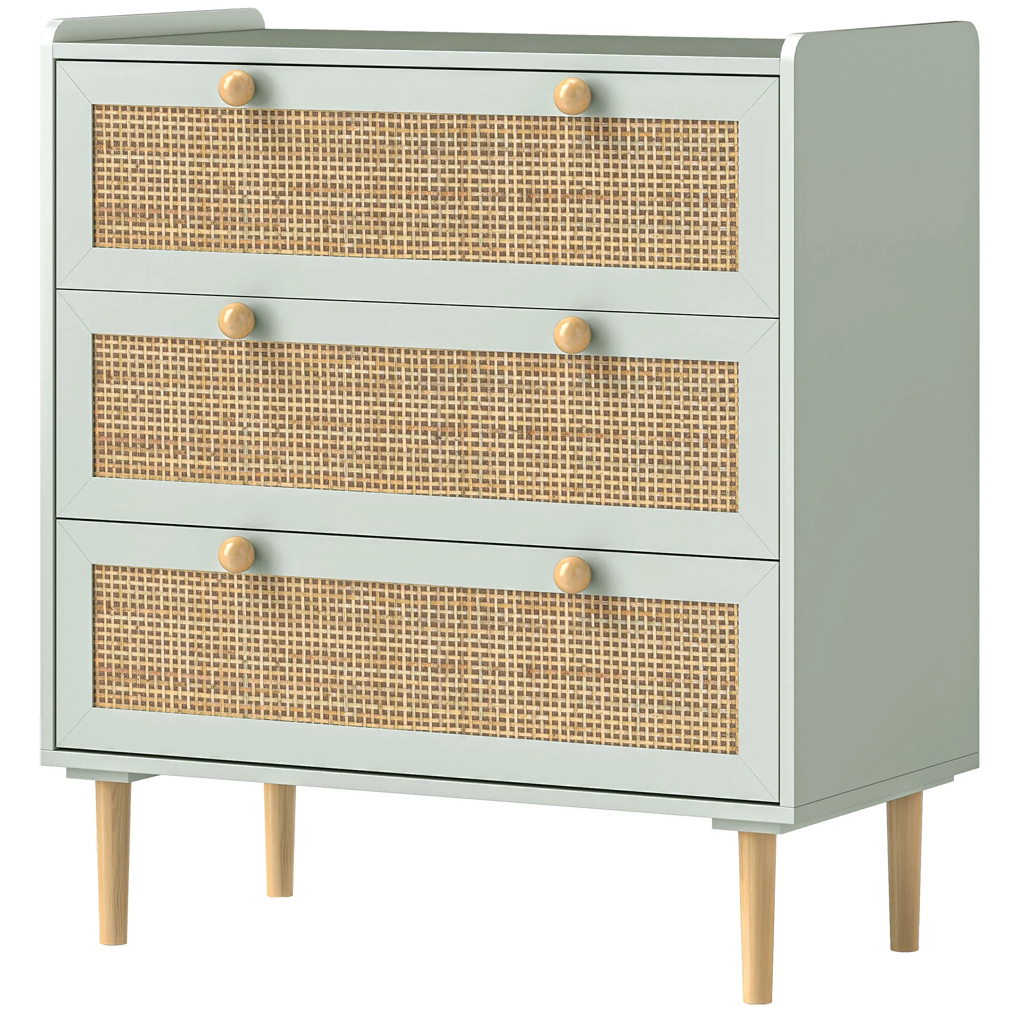 Schlafzimmer-Kommode mit 3 Schubladen, Rattan-Fronten, Kleiderkommode für Flur, Eingangsbereich, MDF, Grün Schlafzimmer-Kommode mit 3 Schubladen, Rattan-Fronten, Kleiderkommode für Flur, Eingangsbereich, MDF, Grün