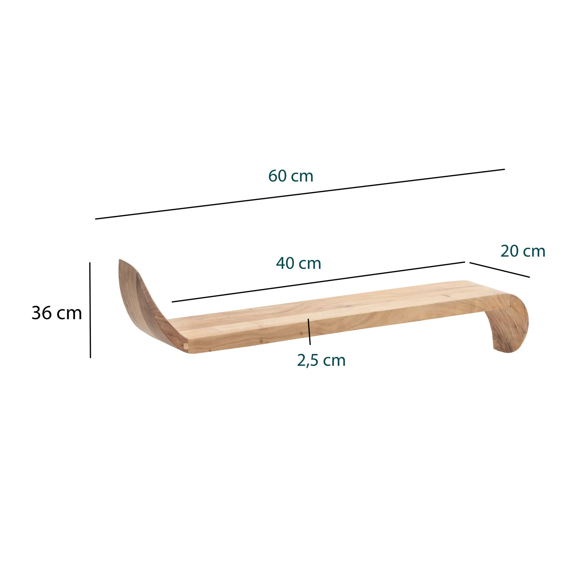 Wandregal Mango Massivholz 60cm · Hängeregal mit geschwungenen Enden · Handgefertigtes Schwebendes Regal im modernen Design · Regalbrett aus Echtholz