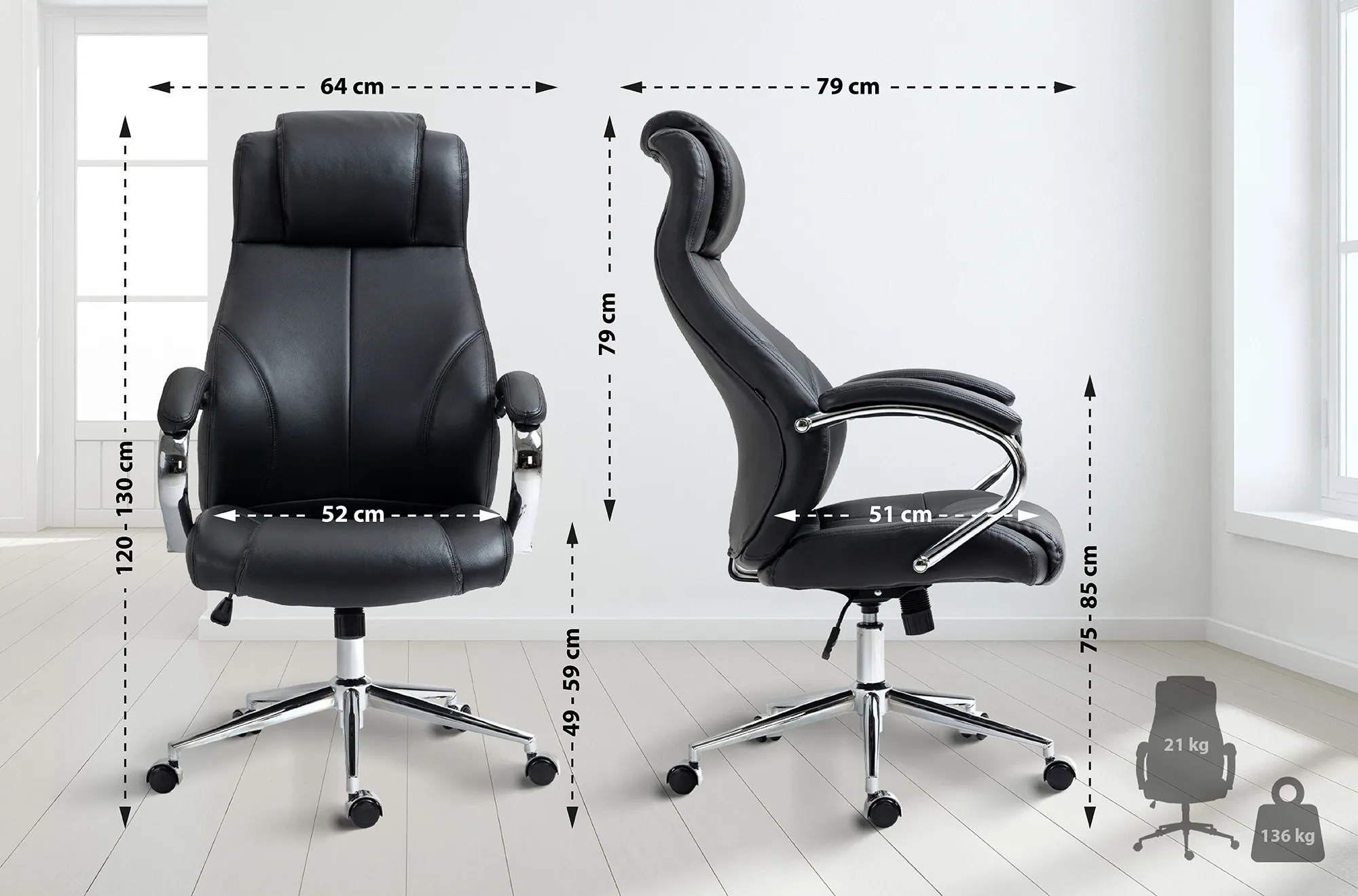 Bürostuhl Salford Echtleder 120-130x64x79 cm schwarz