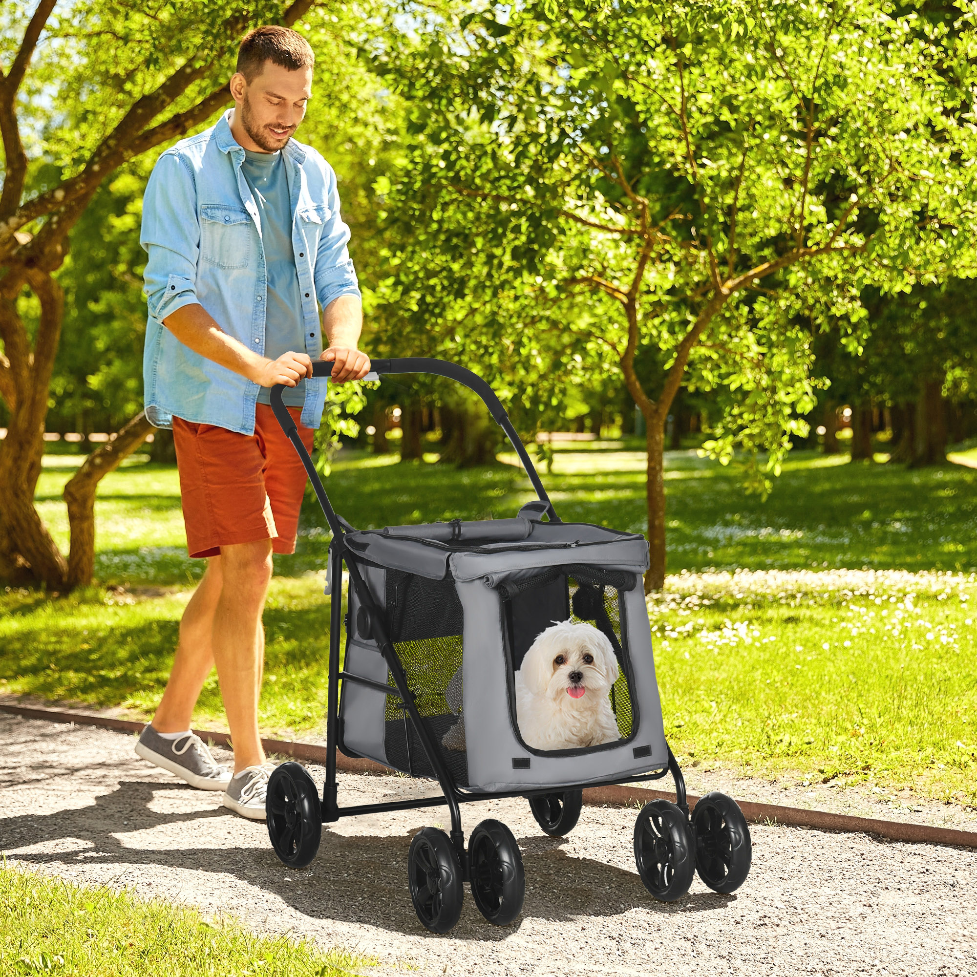 Hundewagen klappbar bis 20 kg mit 3 Taschen, Grau, 102x62x105 cm
