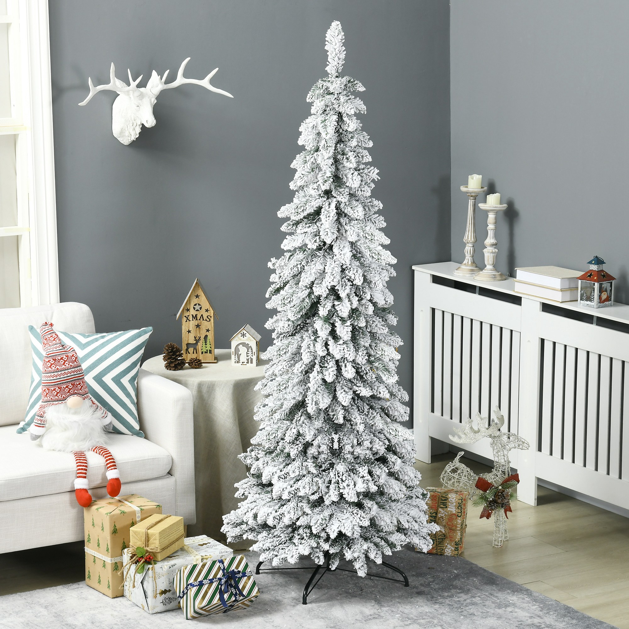 Künstlicher Weihnachtsbaum mit Kunstschnee, schlank, 180 cm, Grün
