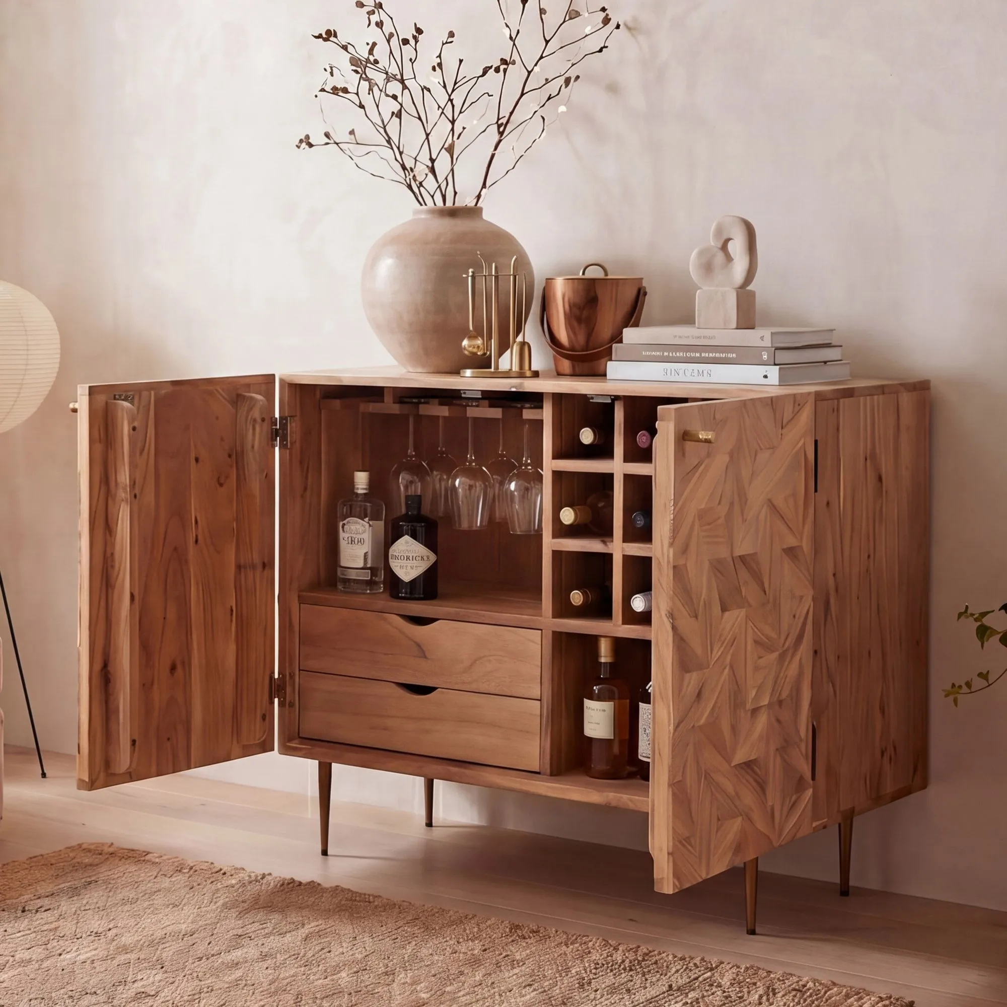 Barschrank Akazie Massivholz 90cm Natur mit Weinregal - Design Hausbar mit Glashalter - Weinschrank Holz mit Türen - Getränkeschrank Weinkommode Holz Bar Wohnzimmer Handmade