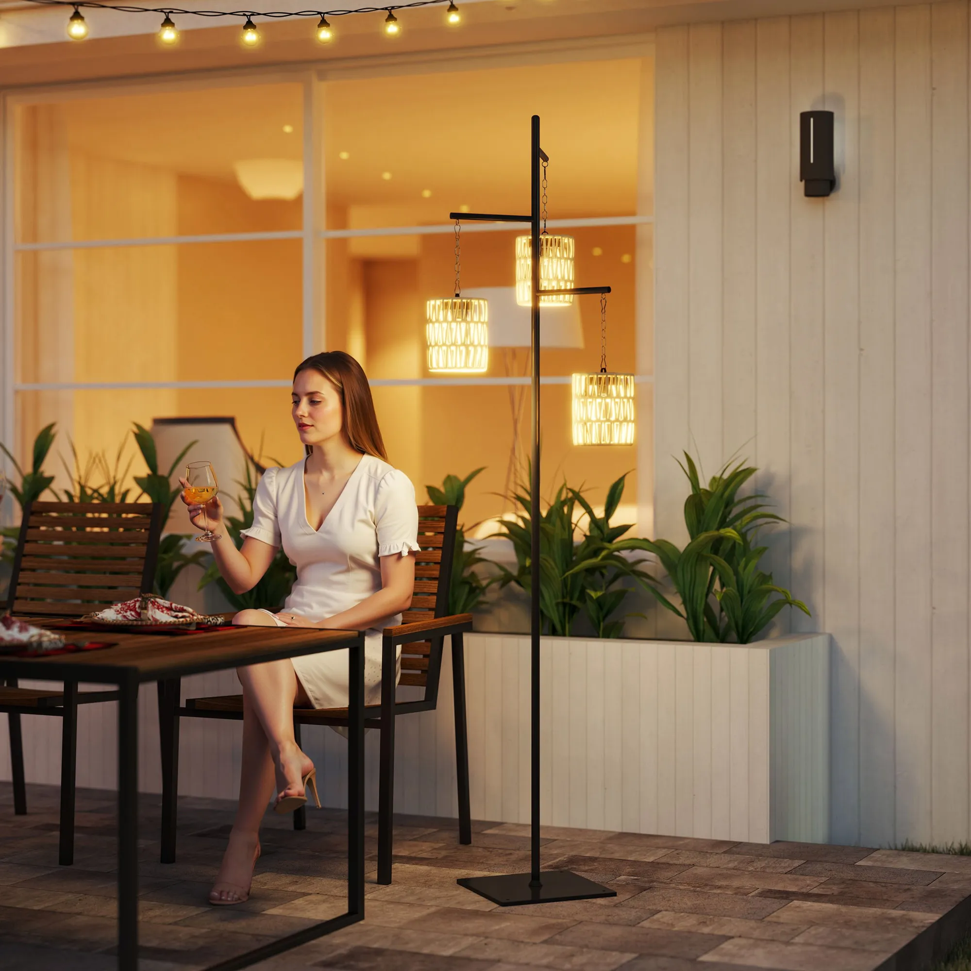 Solar Stehlampe Rattan Boho-Stil 3-flammig IP44 Gelb-Schwarz