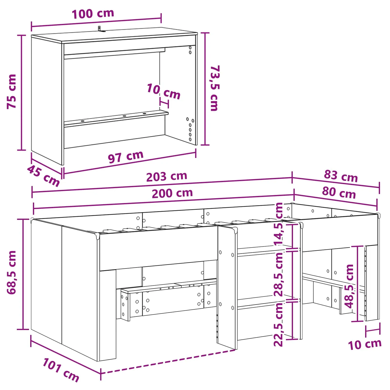 Kinder Hochbett mit Schreibtisch 203x101x68,5 cm Weiß