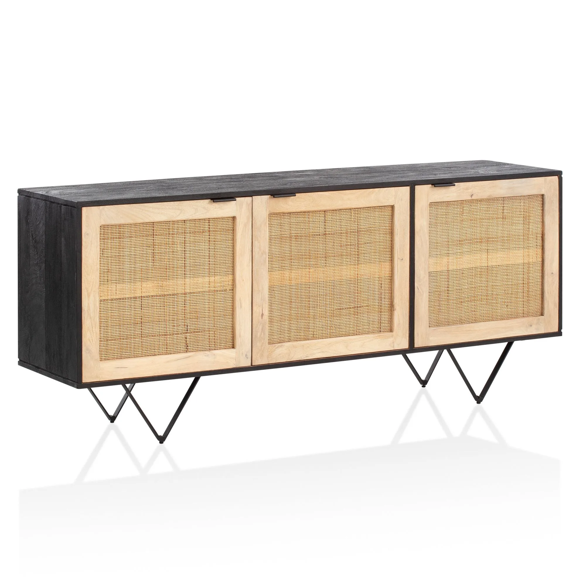 Wohnling Sideboard 175x75x45 cm Mango Massivholz / Rattan Kommode mit 3 Türen