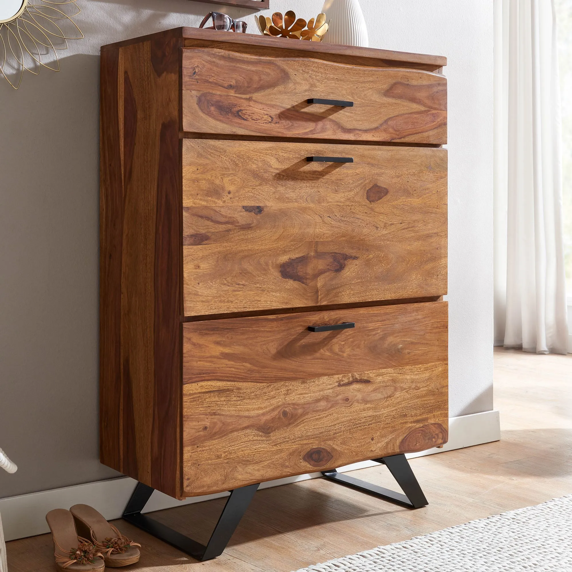 tinkaro Kommode BLEND Sheesham Massivholz / Metall Flurkommode Natur