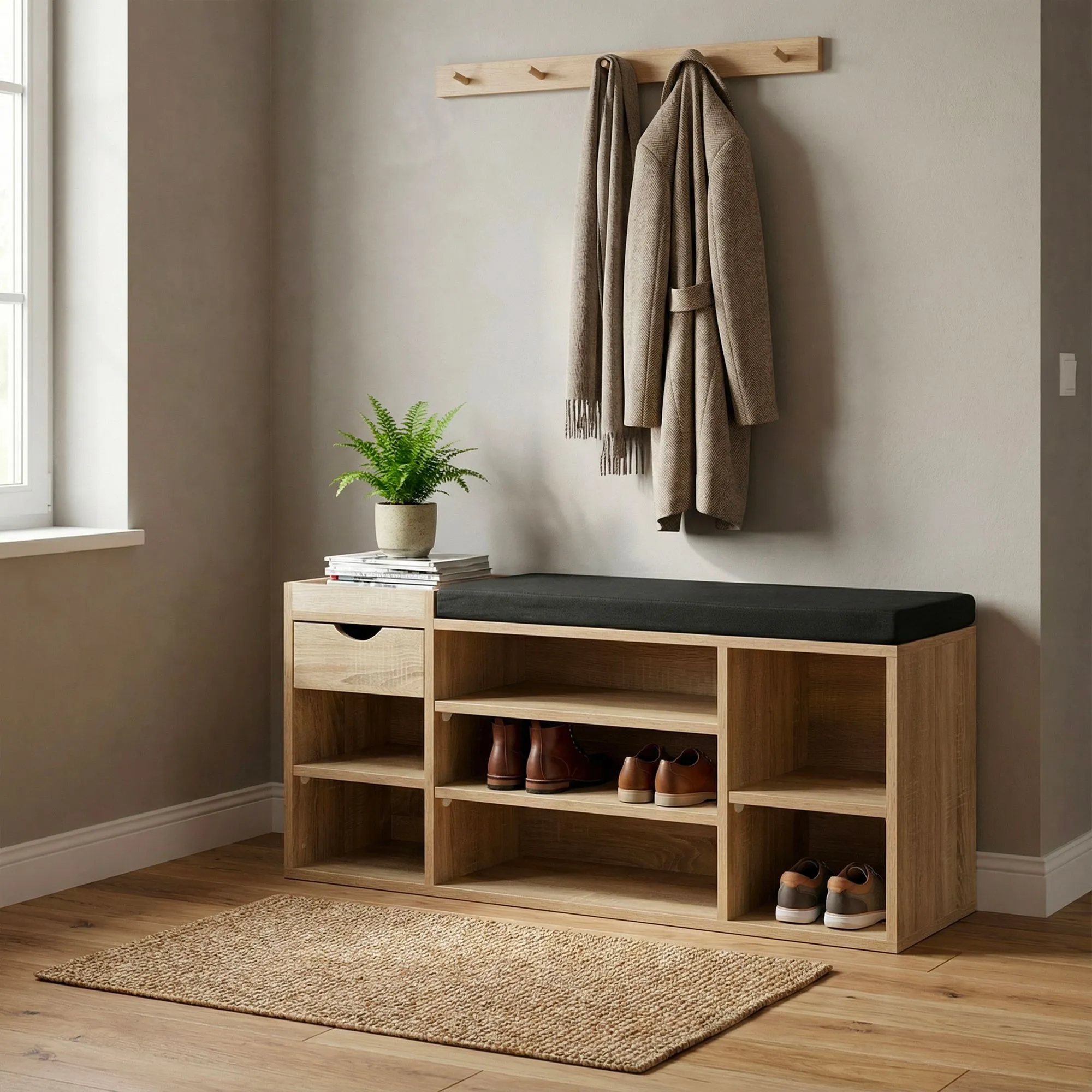 Schuhbank Flur Sonoma Eiche 100cm mit Sitzkissen – Sitzbank mit Schublade und verstellbaren Regalböden – Flurmöbel Schuhregal modern für den Eingangsbereich – Flurbank mit Stauraum