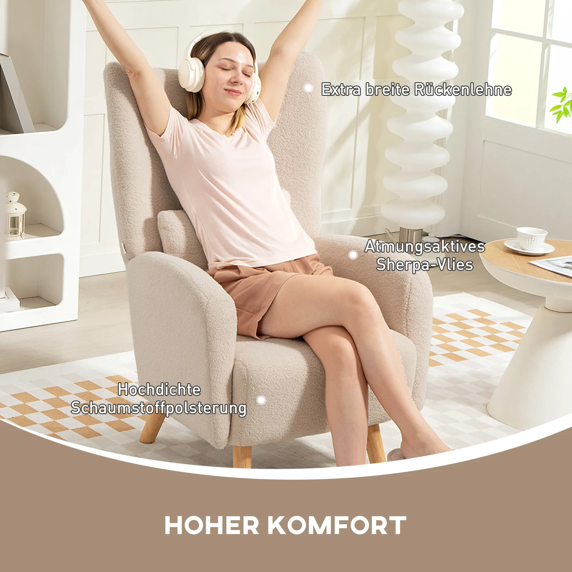 Akzentstuhl, Polstersessel mit Plüschbezug, Schaumstoffkissen, Ohrensessel, Beige