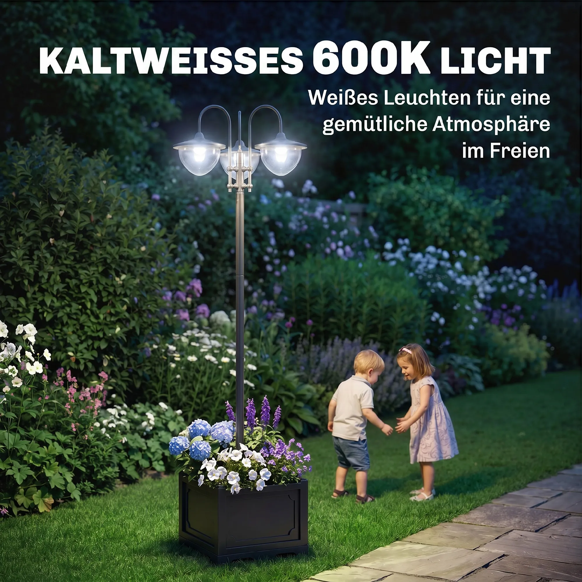 Solarleuchte Gartenlaterne mit Blumentopf-Basis, 189 cm, Schwarz