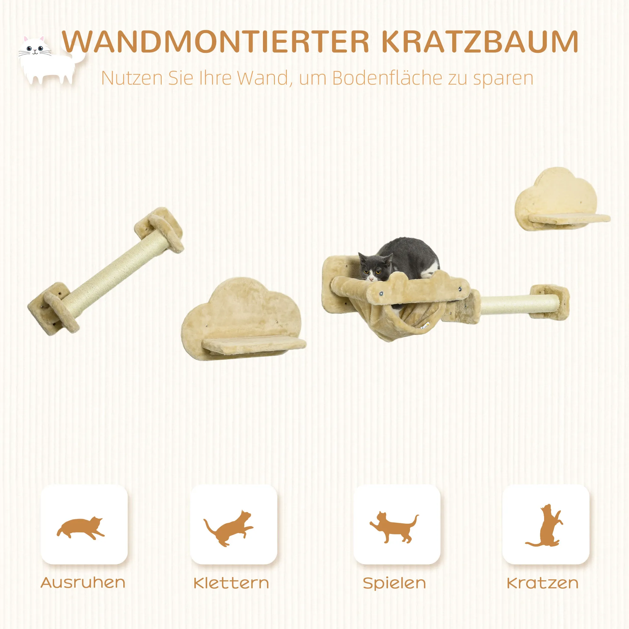 Katzentreppe Beige 44B x 22T x 28H cm mit Hängematte und Kratzstämmen