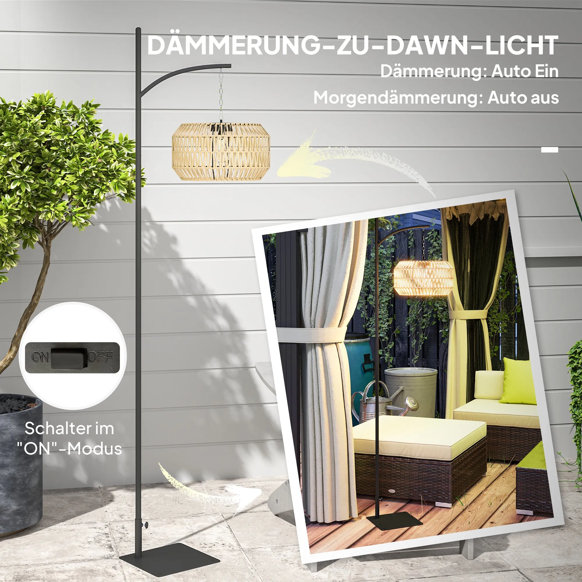 Solar Stehlampe Rattan Boho-Stil IP44 Schwarz-Gelb 178 cm