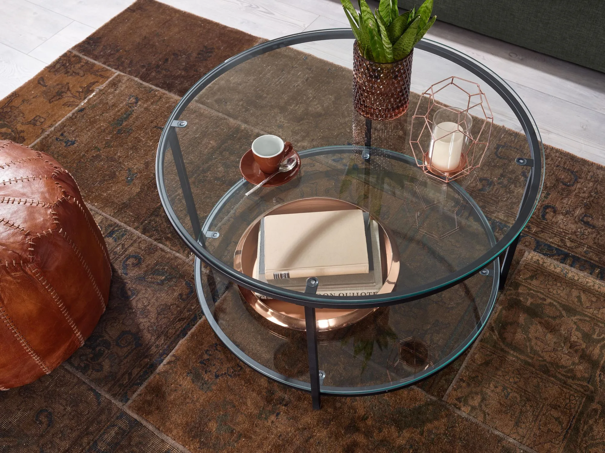 WOHNLING Couchtisch 80x80x45 cm Glas / Metall Wohnzimmertisch Rund Modern