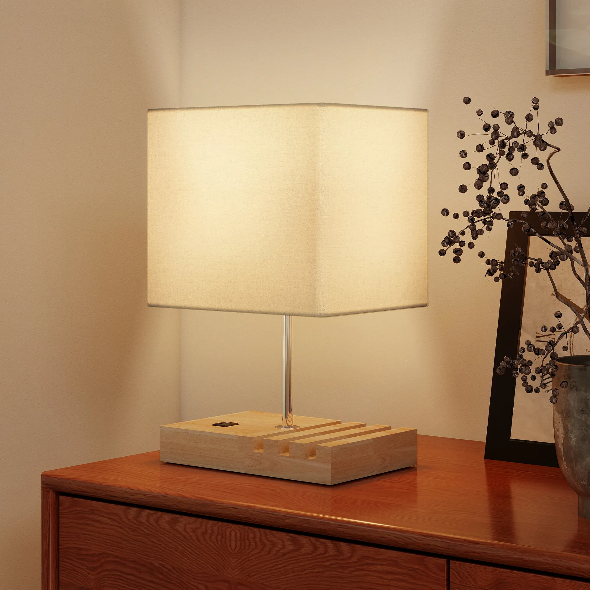 Nachttischlampe mit USB-A/C Ports, Holz & Stoff, Weiß, 40,5 cm