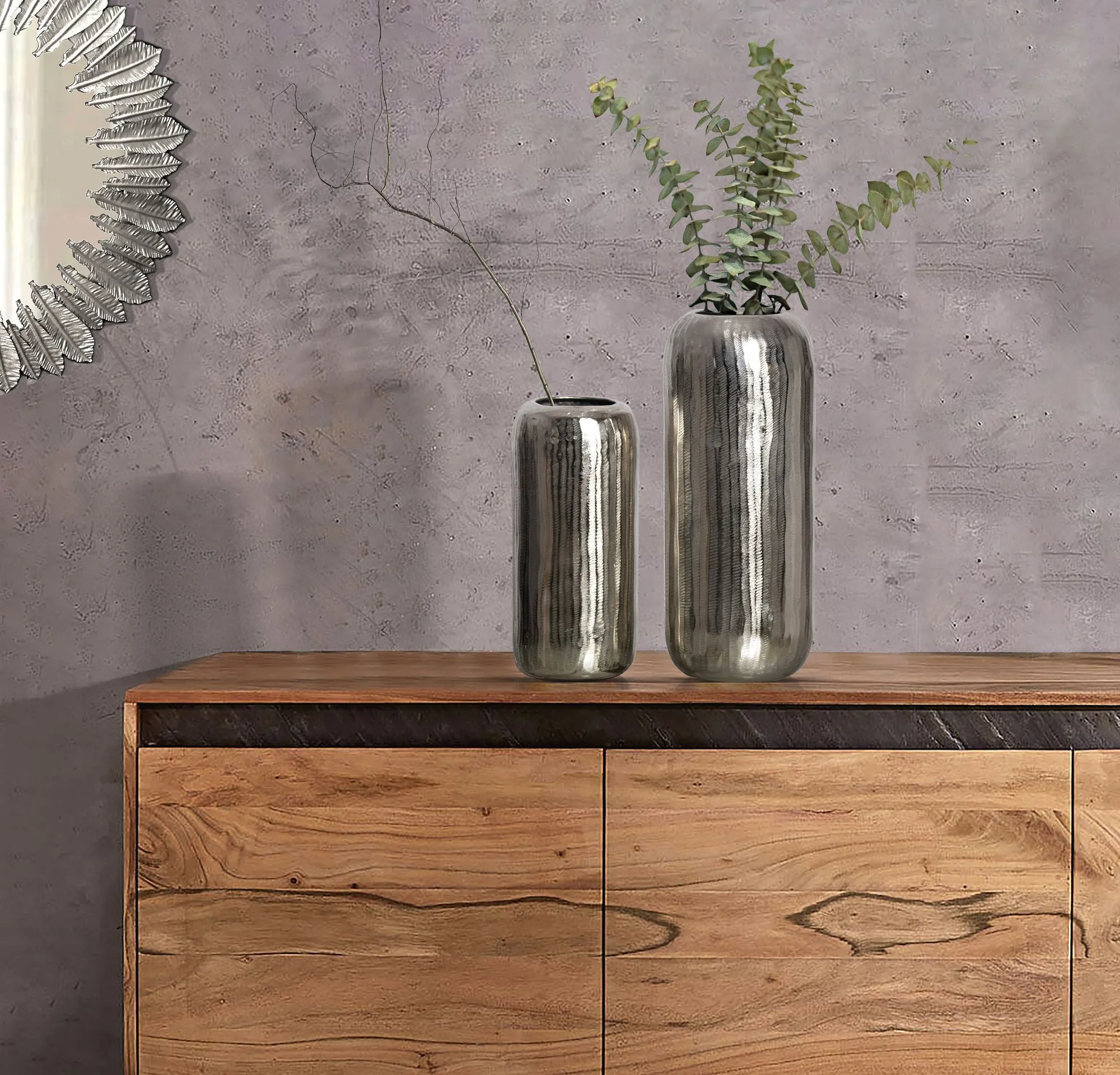 Deko Vase 2er Set Aluminium Silber Zylinder Blumenvase Modern
