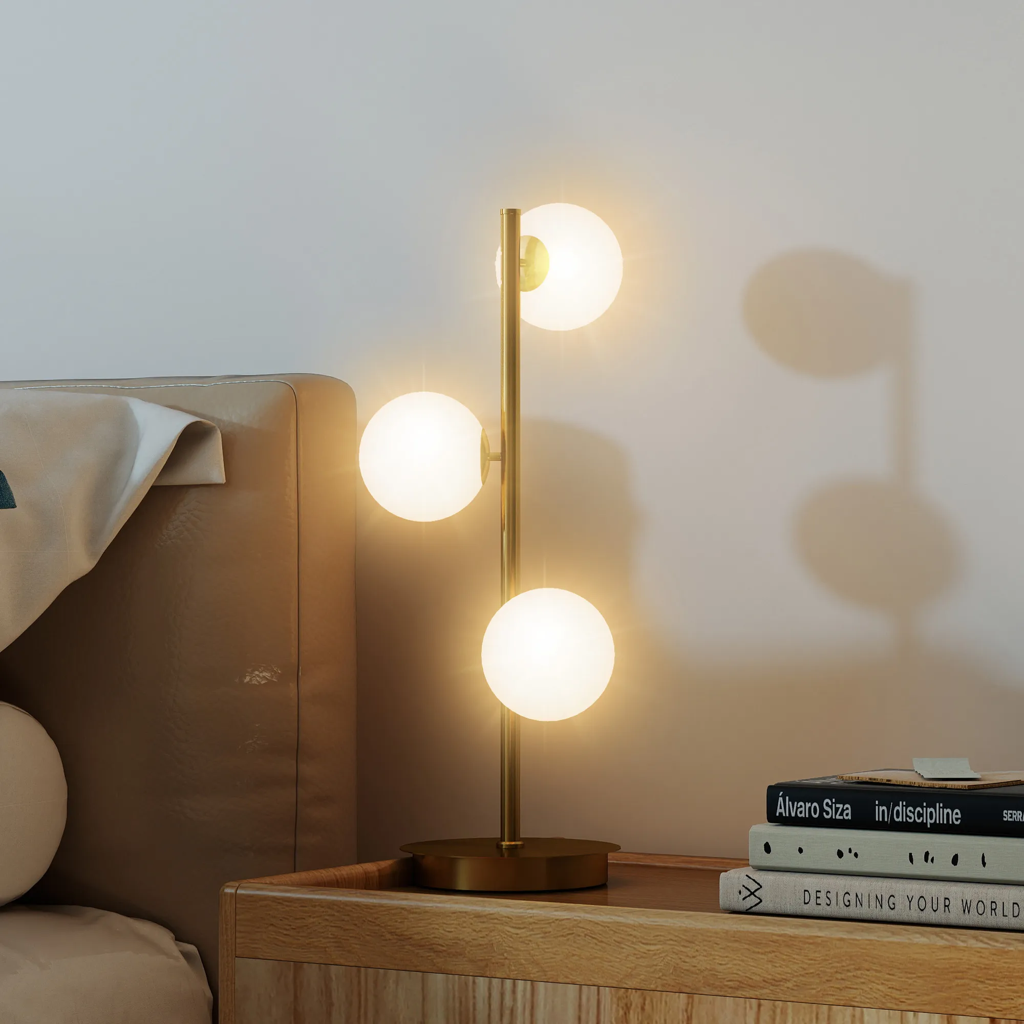 Tischlampe mit 3 Kugelschirmen, Stahlfuß, Messingfarben, 53 cm