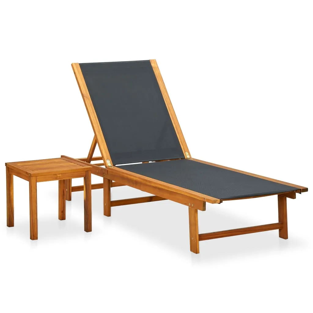 Echtholz Sonnenliege 200 x 66 x 34 cm Schwarz mit Tisch 40 x 40 x 40 cm
