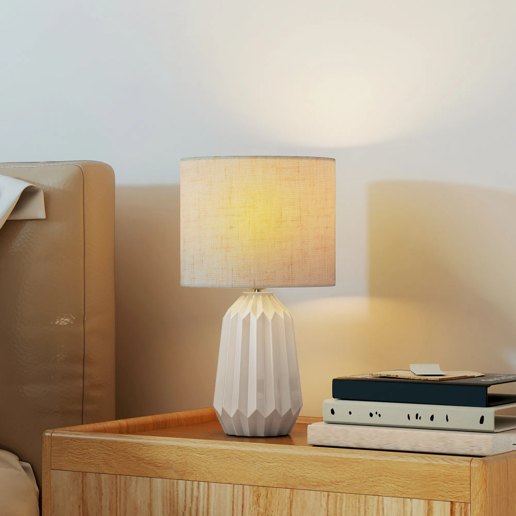 Tischlampe Nachttischlampe Keramik Leinen Beige 22x22x39 cm