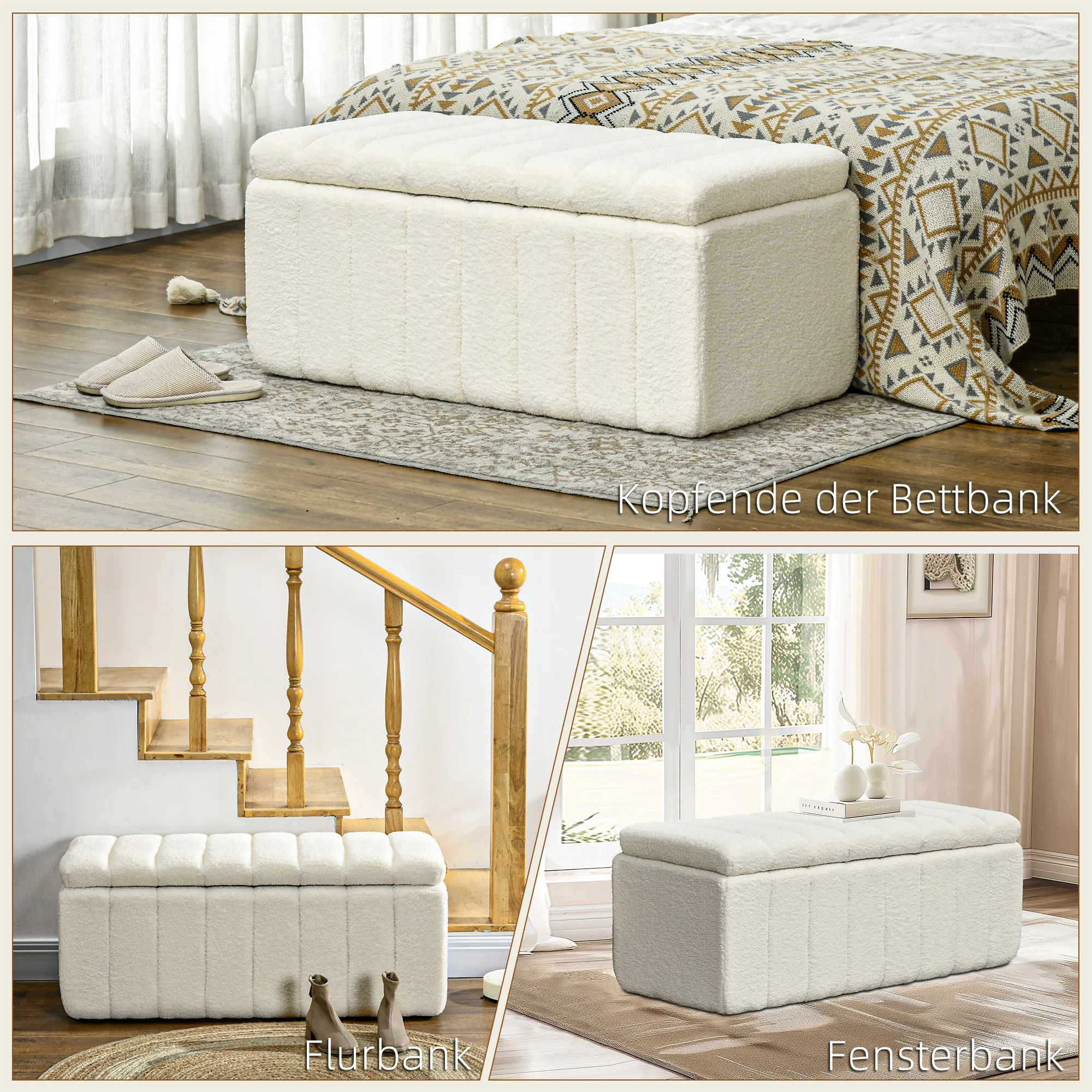 Polsterbank, Bettbank mit Stauraum, belastbar bis 120kg, 102x45x46cm, Cremeweiß