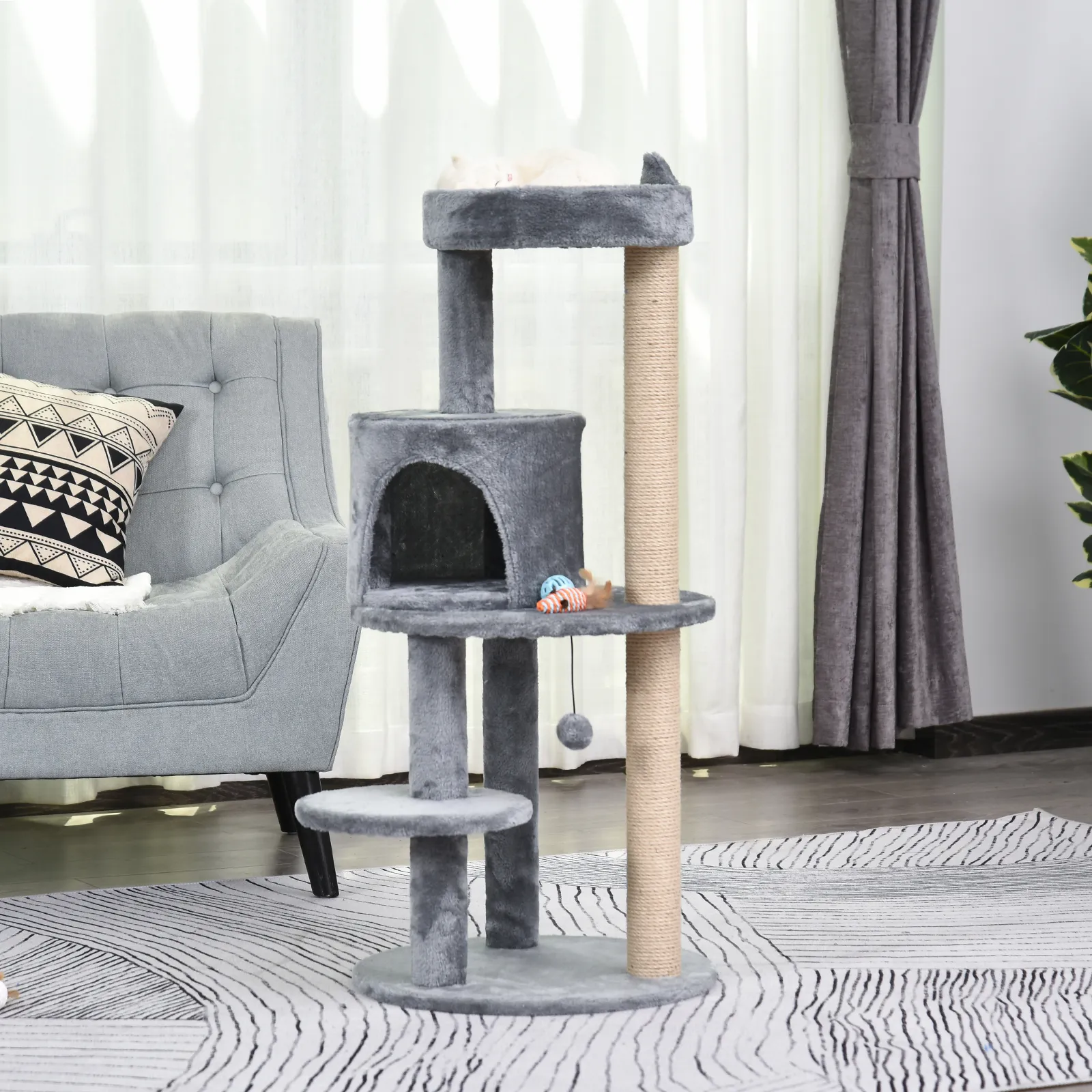 Katzenbaum 4-Stock Katzenhöhle Katzenhaus mit Spielbällen Sitzstange Sisalsäule und Kratzbrett groß stabil luxuriös Sisal Plüsch Grau 48x48x104 cm