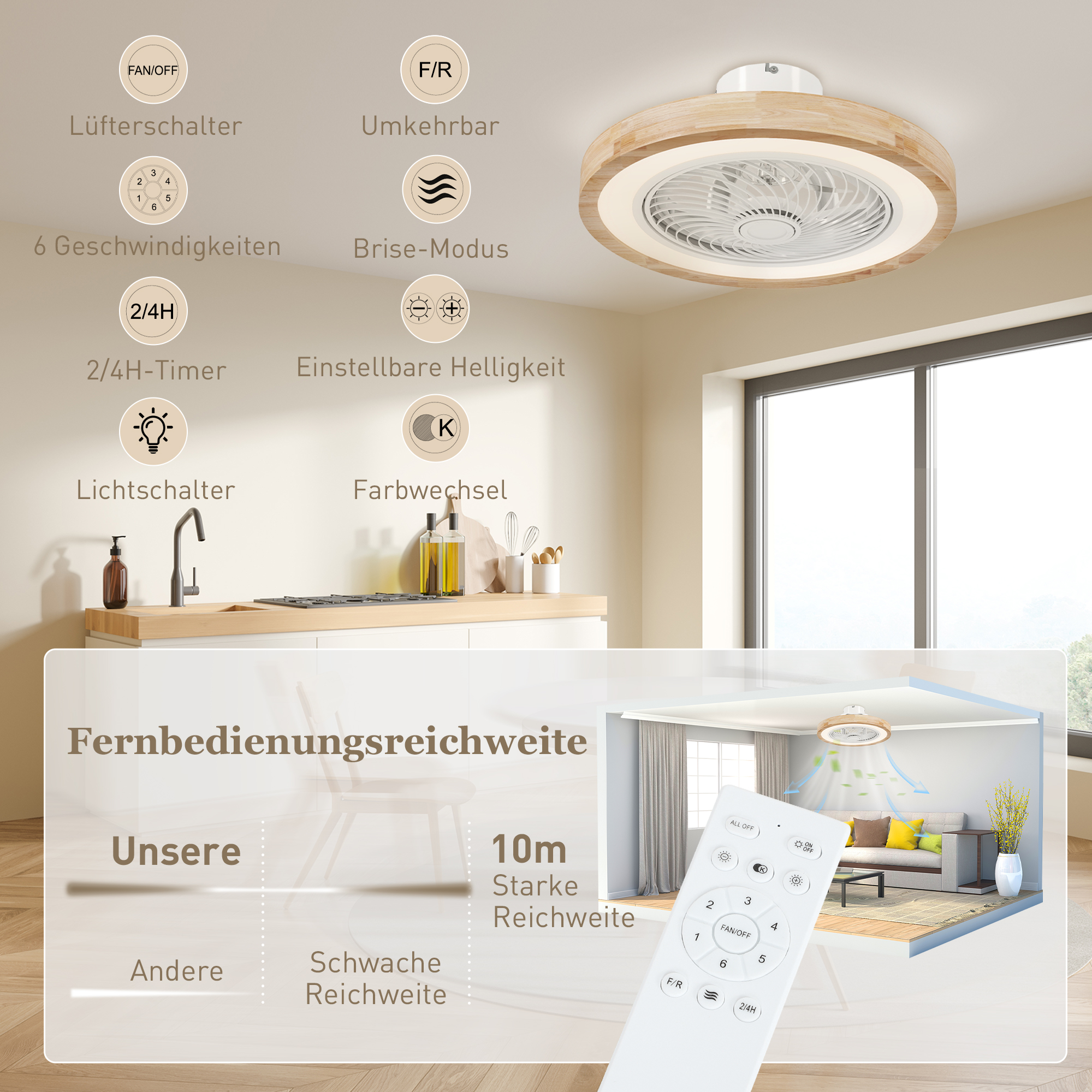 Deckenventilator mit Licht Ø50 cm Naturholz, 40 W