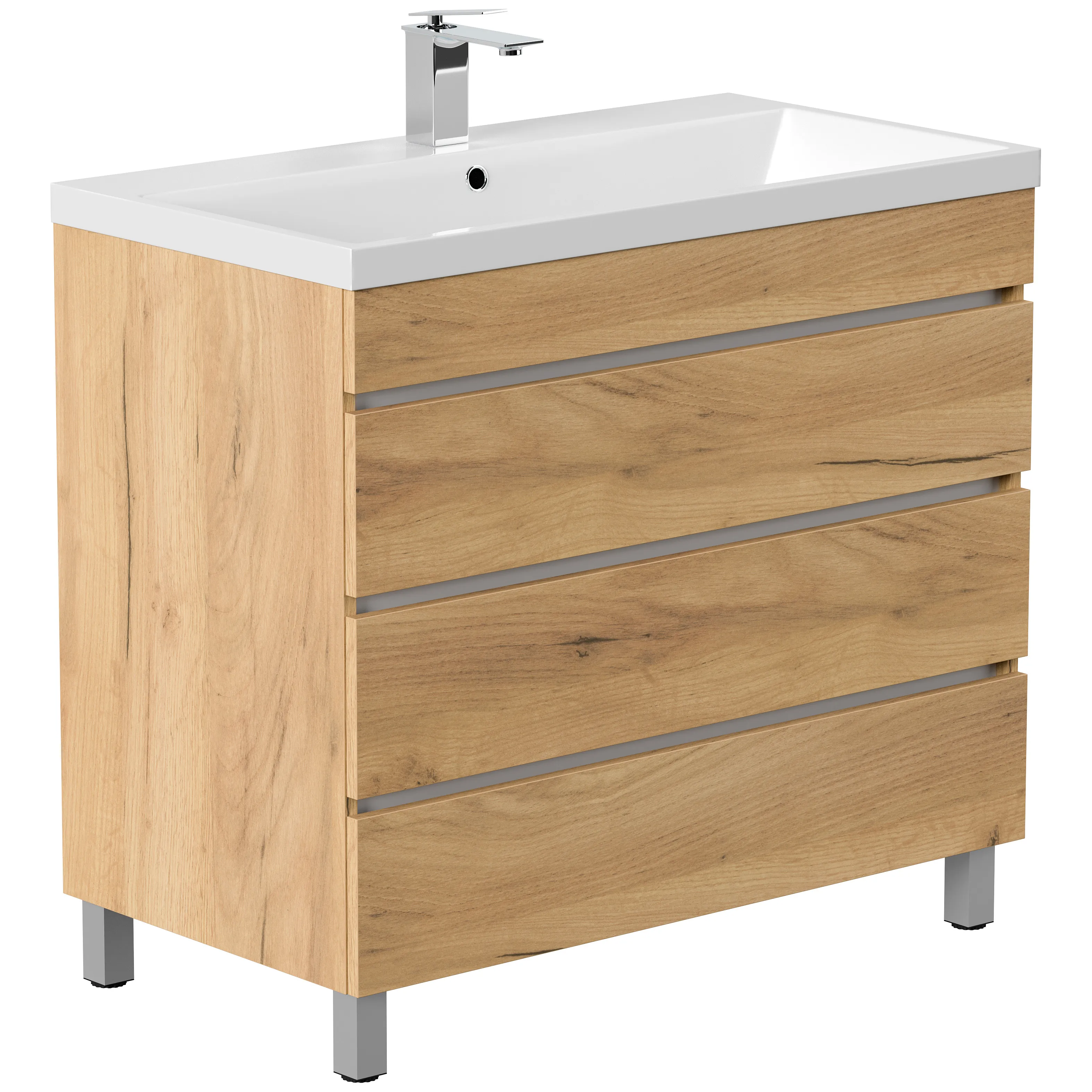 Stand Badmöbel Felini 90 in eiche gold mit drei grifflosen Schubladen