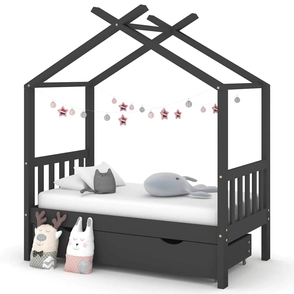 Massivholz Kinderbett Baumhaus mit Schublade 146x77x160 cm Dunkelgrau
