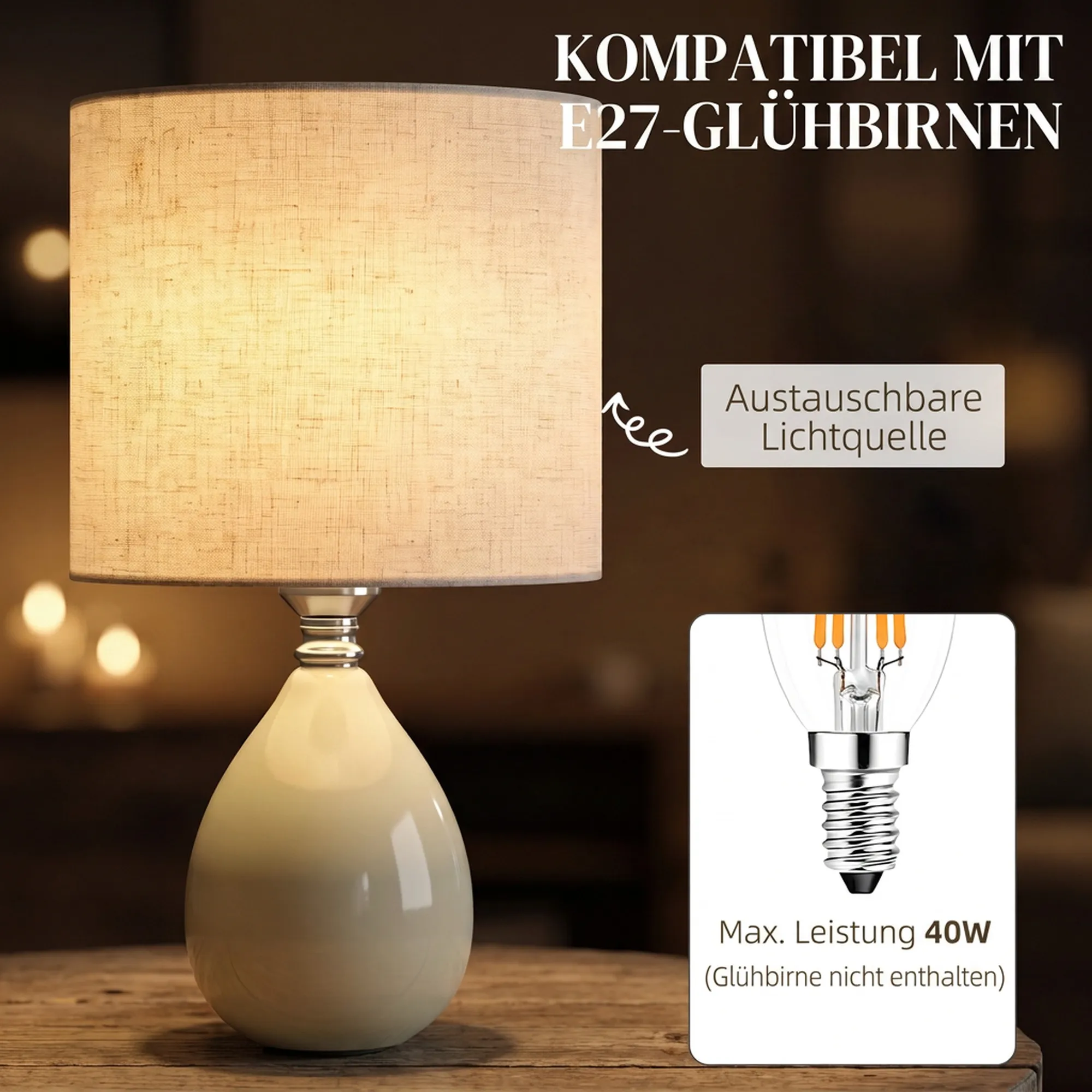 Tischlampe Vintage Keramik mit Leinenschirm, Cremeweiß, 35 cm