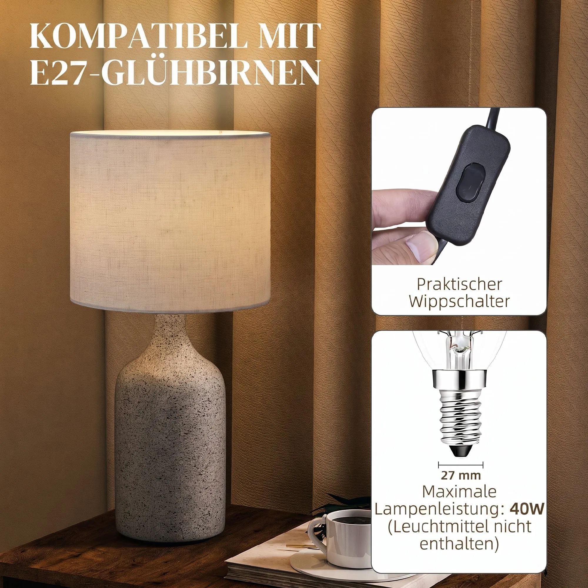 Tischlampe mit Keramiksockel und Leinenschirm, 45 cm, Sandfarben
