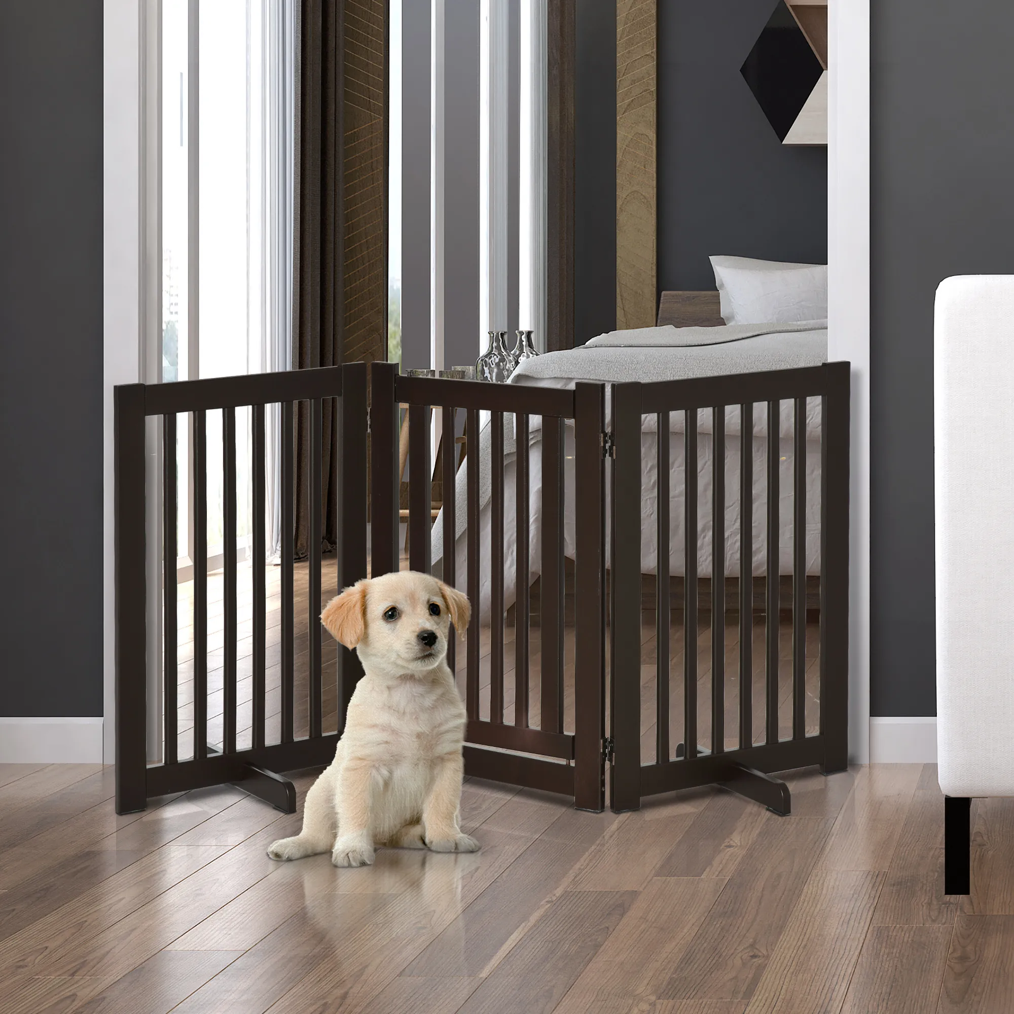 Hundegitter freistehend aus MDF, klappbar, 155 x 76 cm, Dunkelbraun