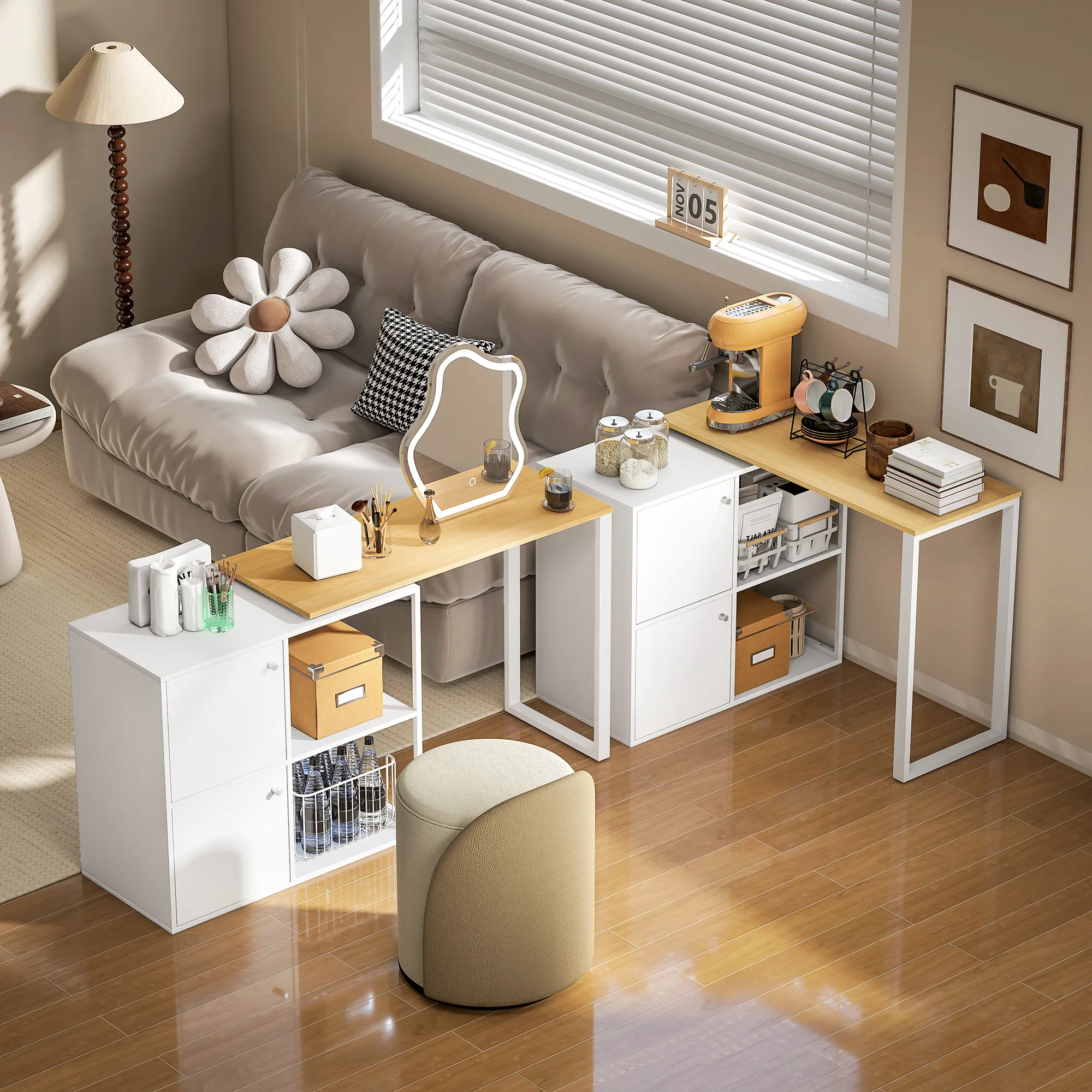 Schreibtisch L-förmig, 360° drehbarer Eckschreibtisch mit 2 Lagerschränken, 2 offenen Regalen, Computertisch für kleine Räume, Arbeitszimmer, Wohnzimmer, 150x40x75 cm, Weiß