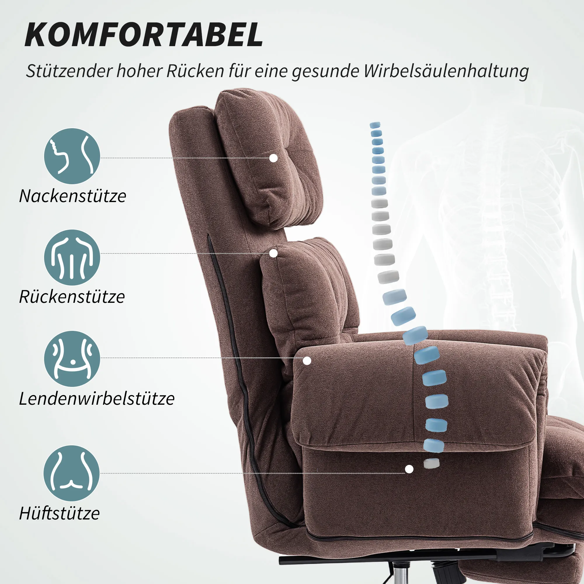 Bürostuhl mit Fußstütze 80B x 77T x 108-116H cm Kaffeebraun+Schwarz