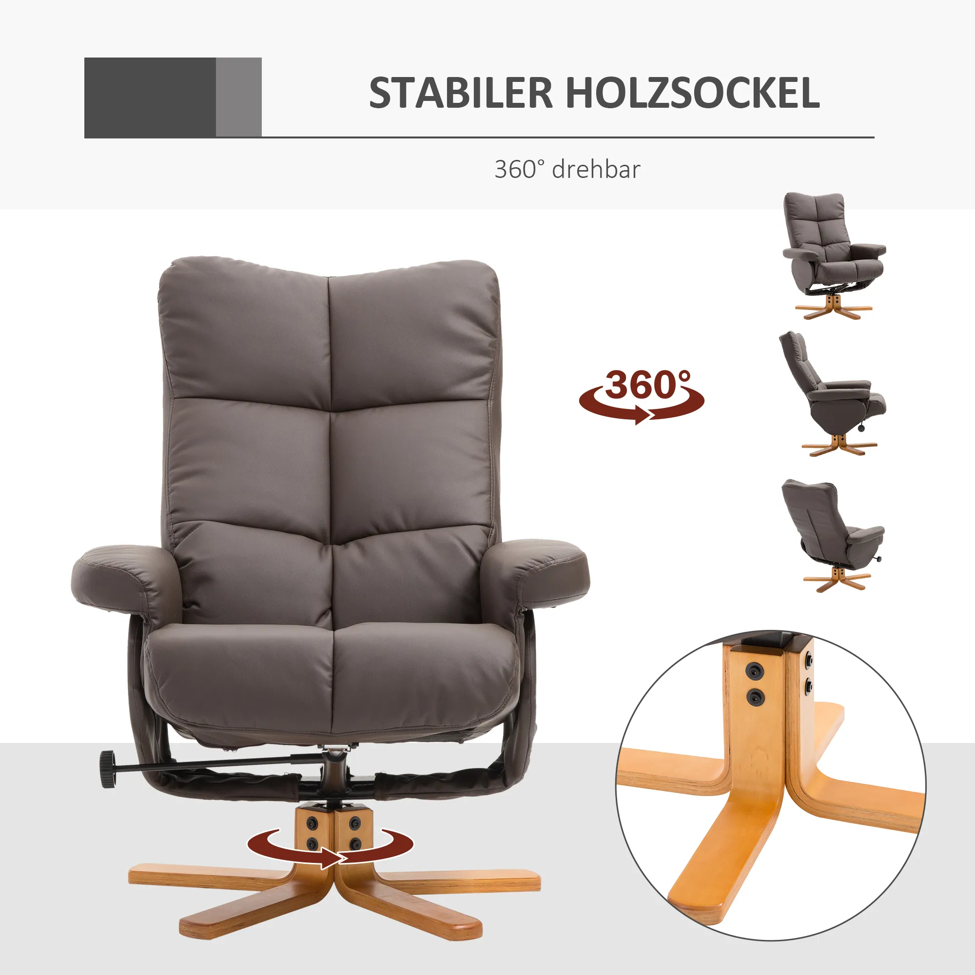 Relaxsessel mit Hocker, 360°drehbarer Fernsehsessel mit Liegefunktion Lesesessel für Schlafzimmer, Wohnzimmer, Kunstleder, Braun