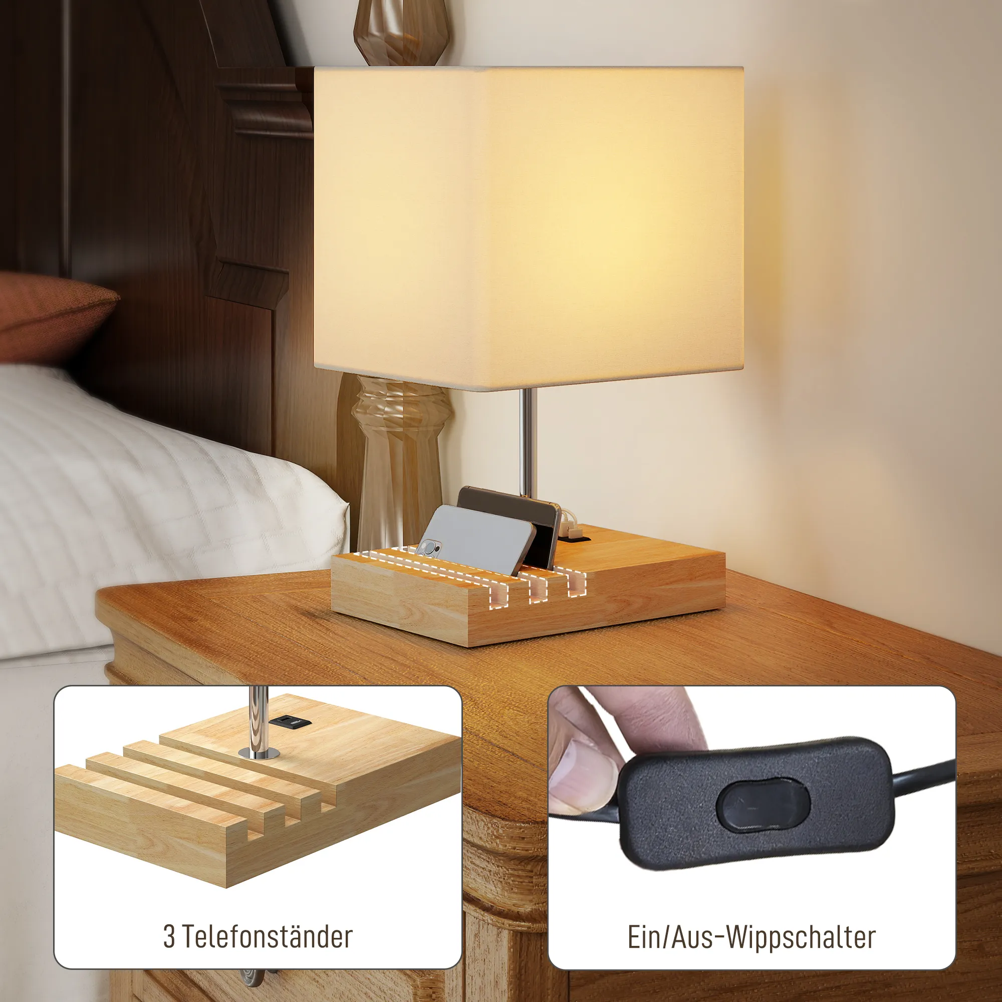 Nachttischlampe mit USB-A/C Ports, Holz & Stoff, Weiß, 40,5 cm