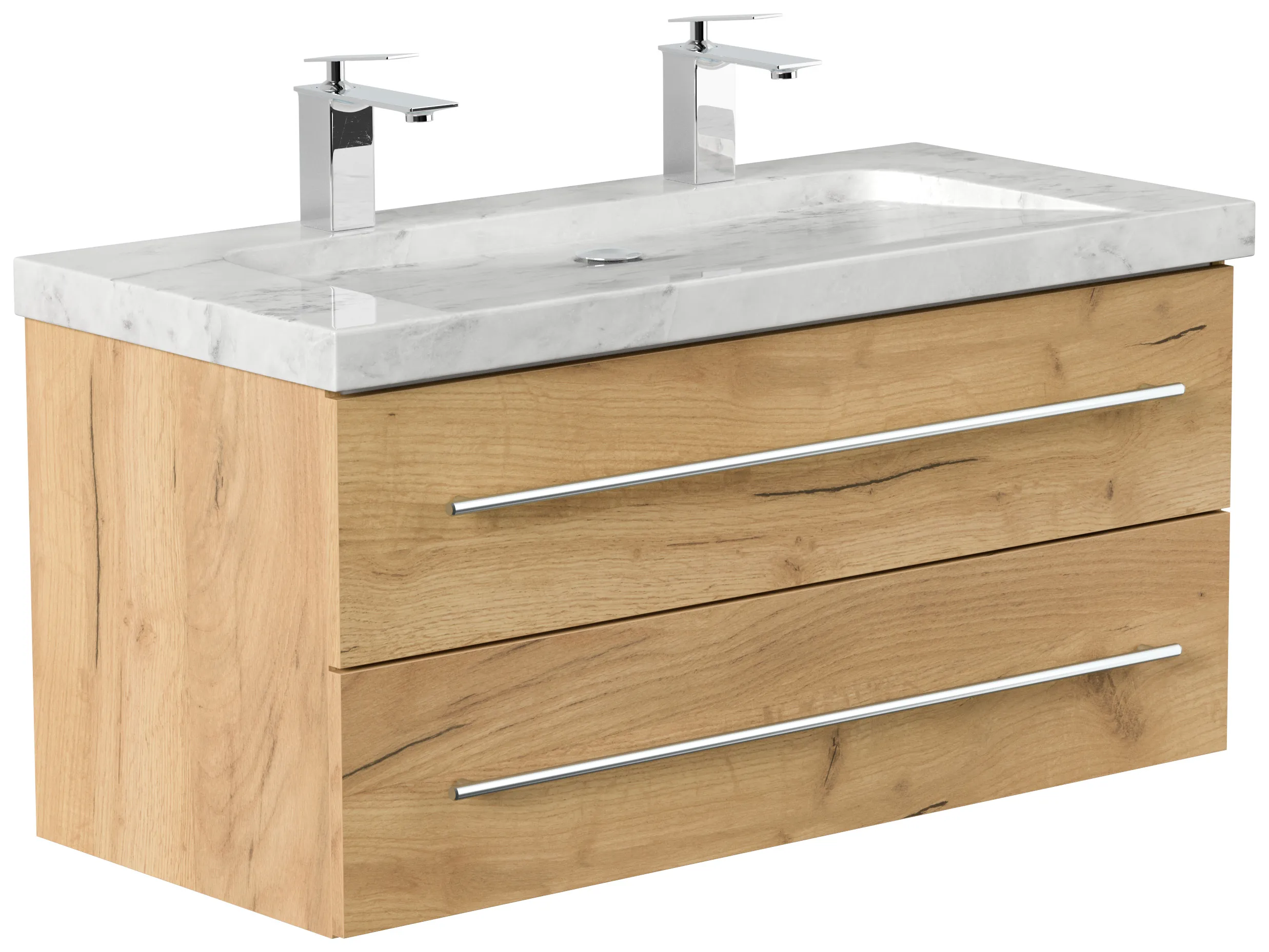 Badmöbel Marmor Carrara White YAMO 100 cm 2 Hahnlöcher SoftClose eiche gold