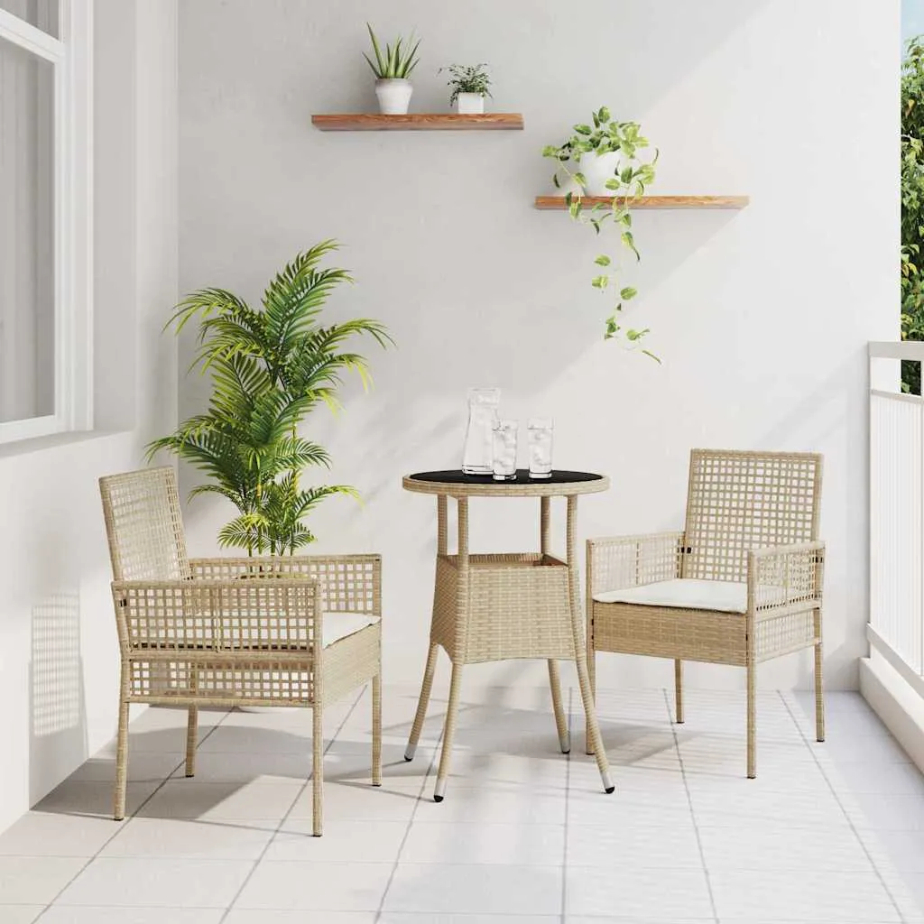 Garten-Esszimmer-Set Poly-Rattan Beige mit 1 Tisch, 2 Stühlen, 2 Kissen